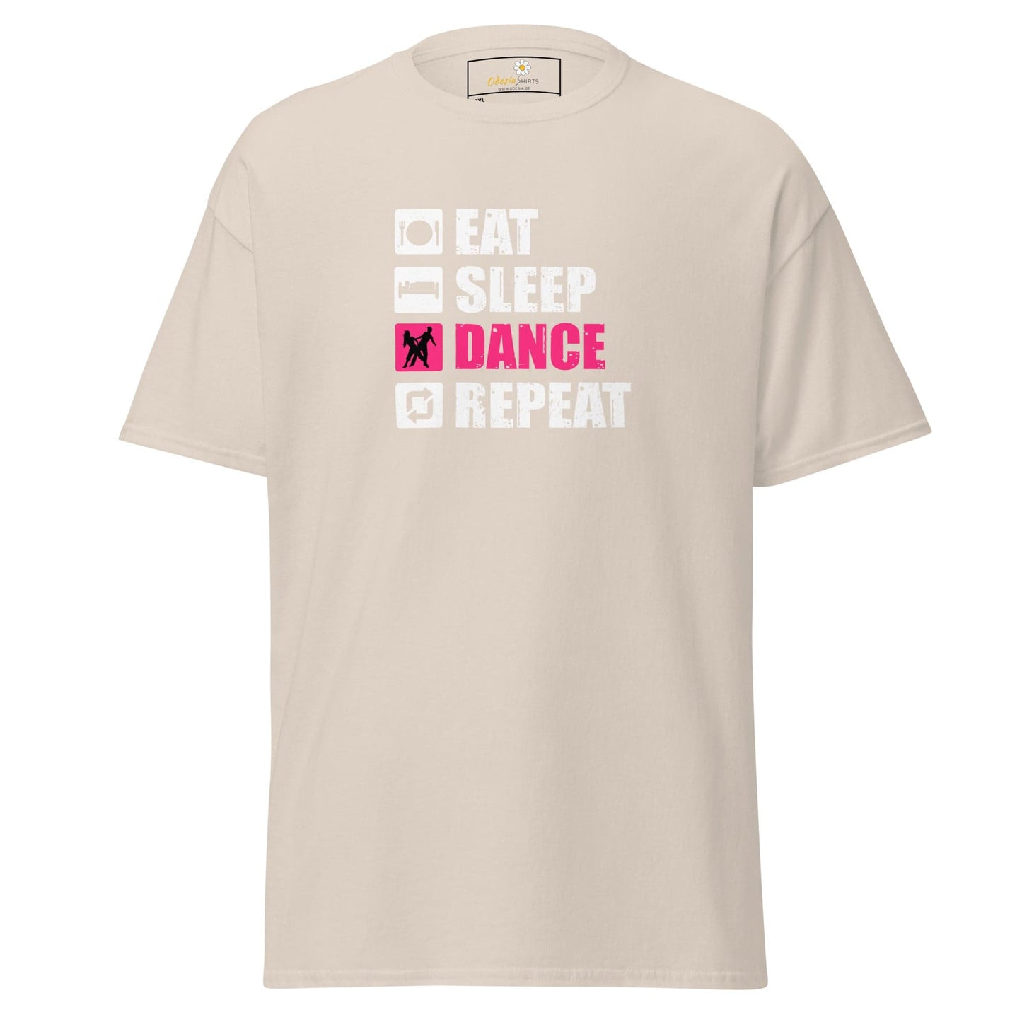 Beige t-shirt with ’Eat Sleep Dance Repeat’ graphic.