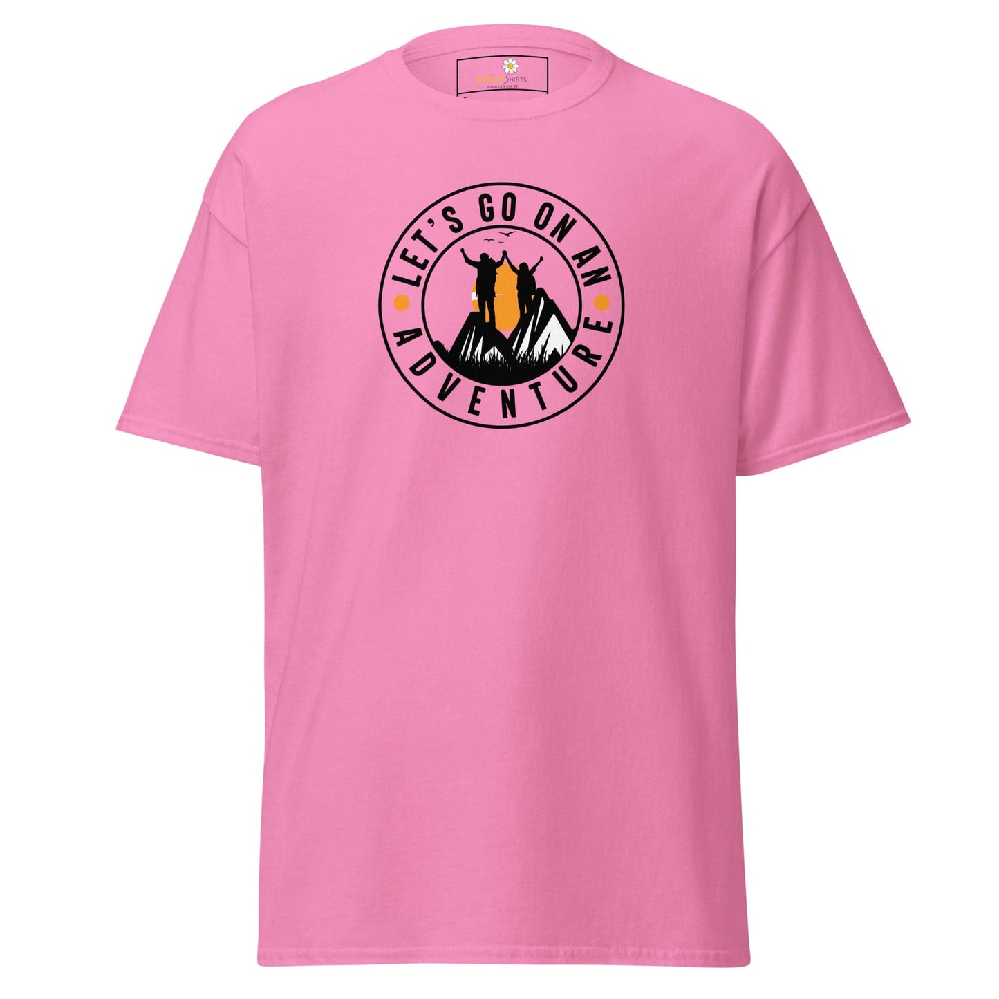 Pink T-shirt with adventure graphic for Men and Women in size S to XL