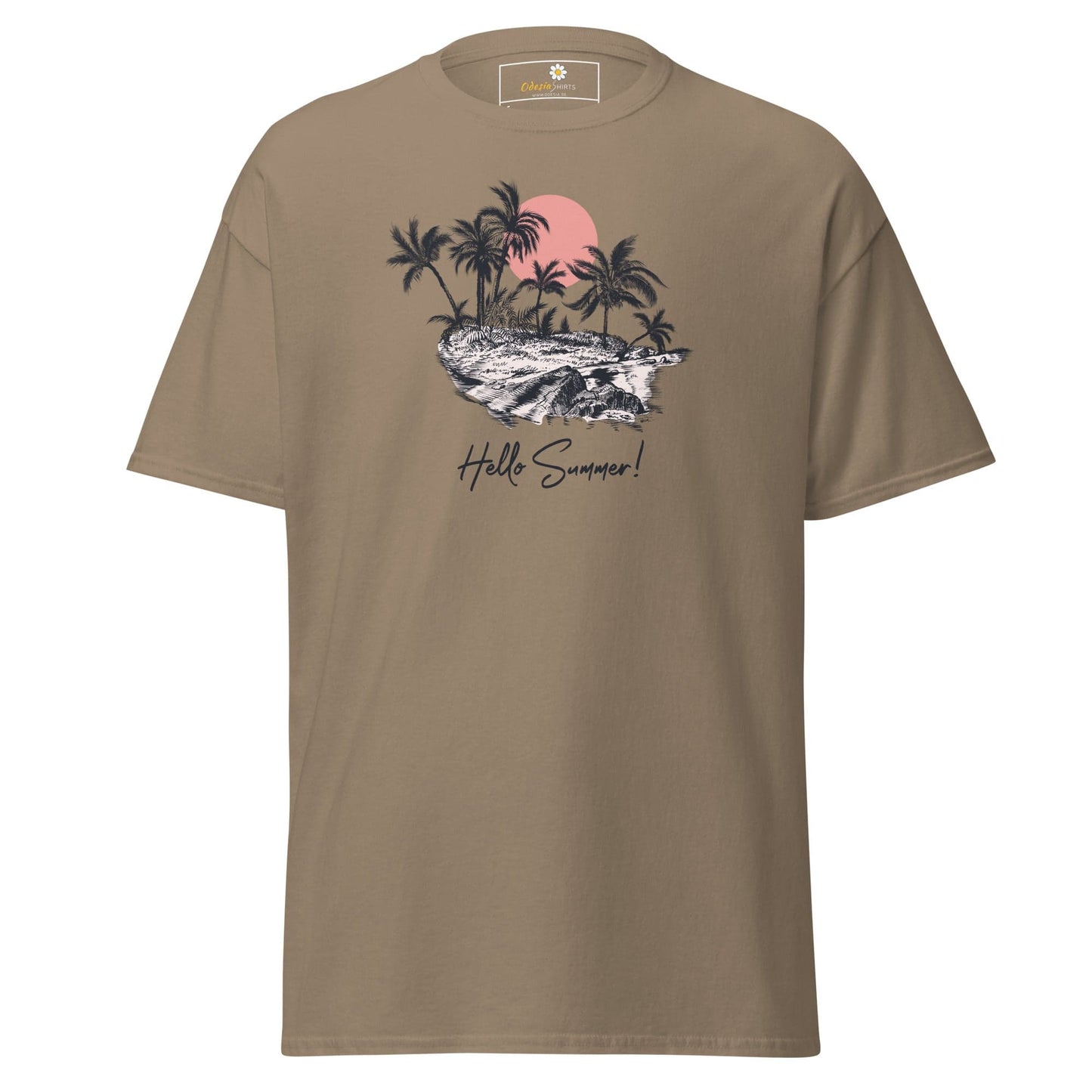 Khaki T-shirt with tropical island graphic for men and women in sizes S to XL