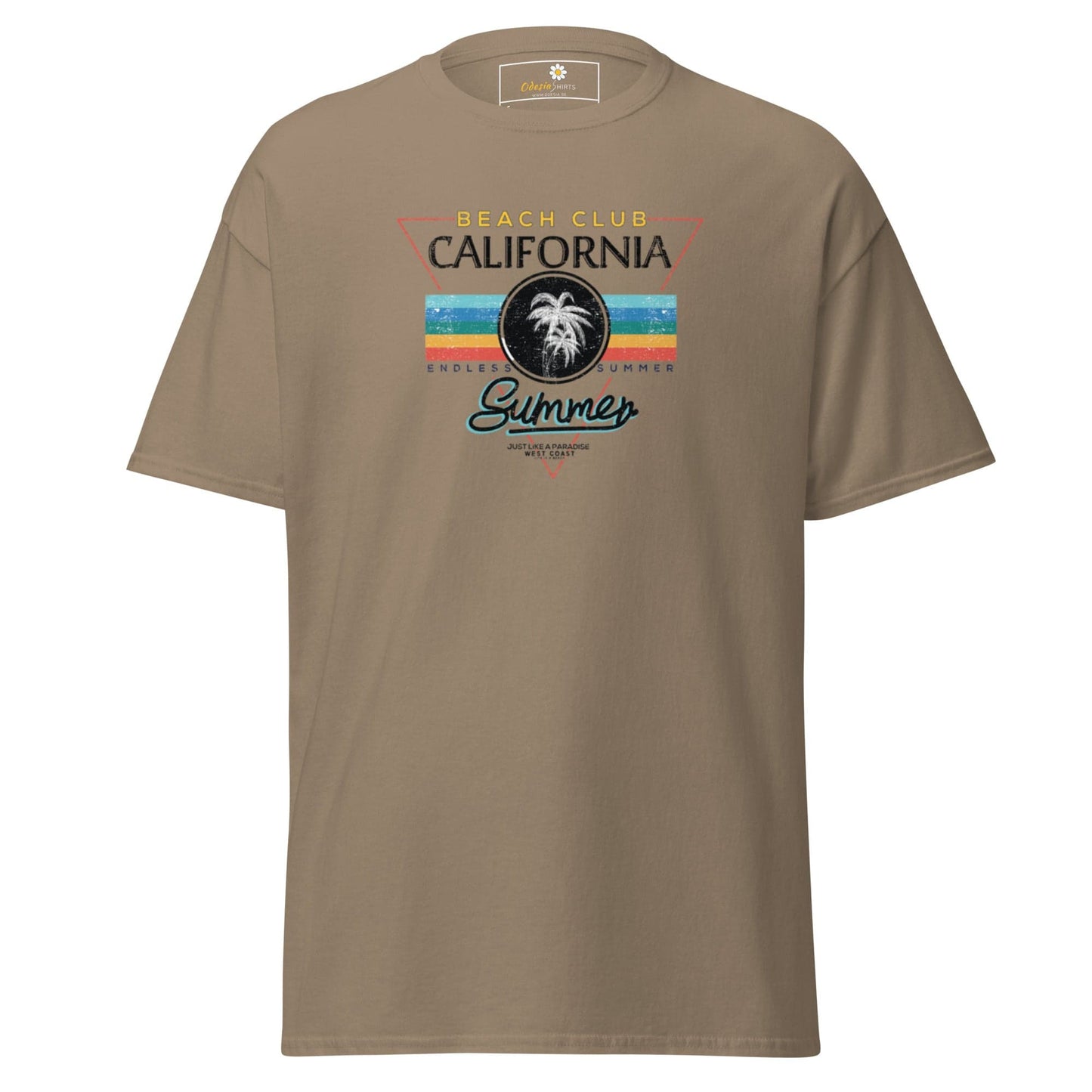 Khaki T-shirt with Beach Club California graphic for men and women S to XL sizing