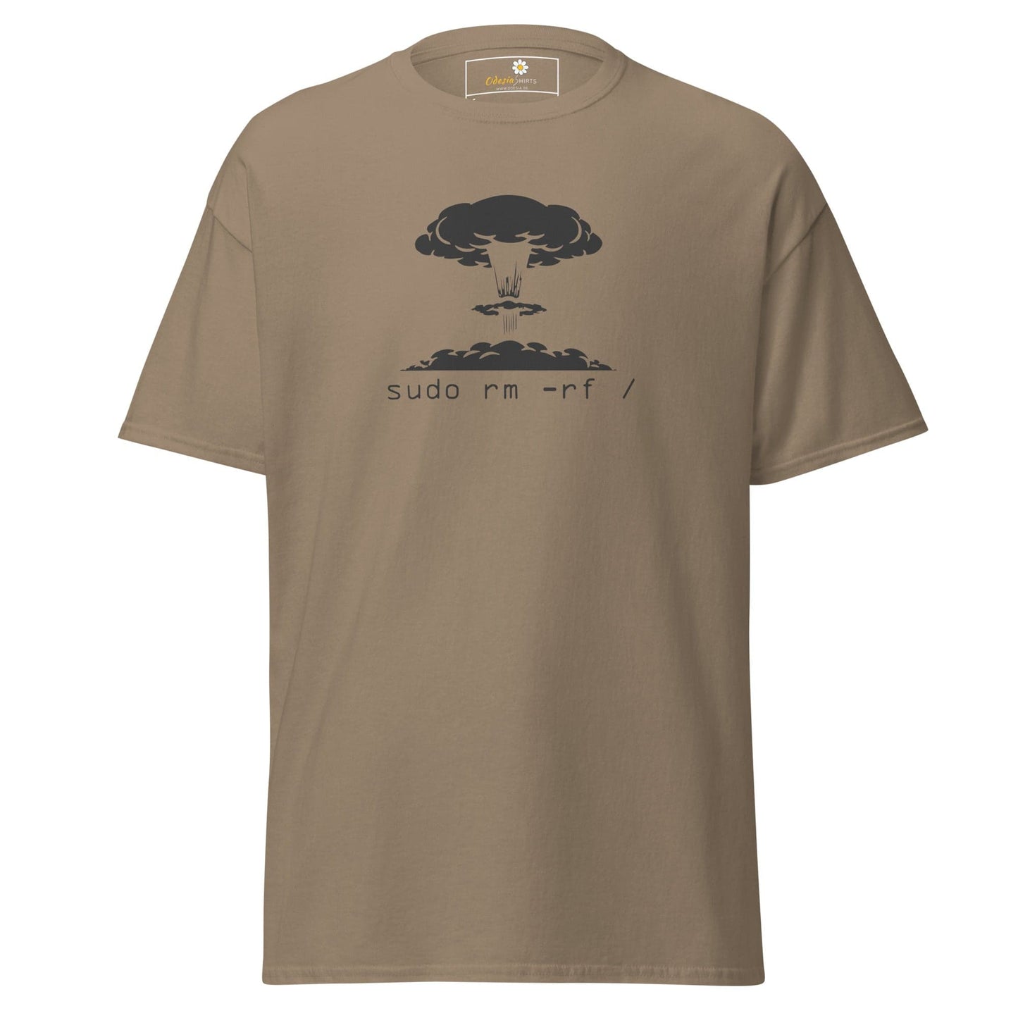 Khaki T-shirt with mushroom cloud graphic for men and women in S to XL sizes