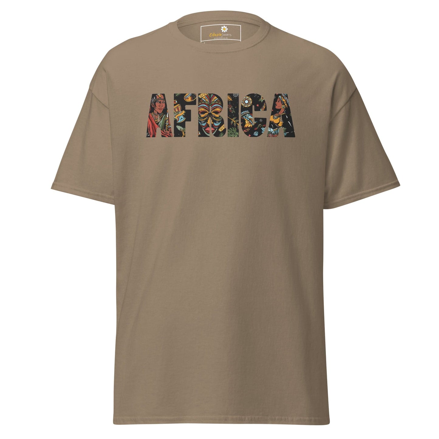 Khaki T-shirt with AFRICA graphic in men’s and women’s styles available in sizes S to XL