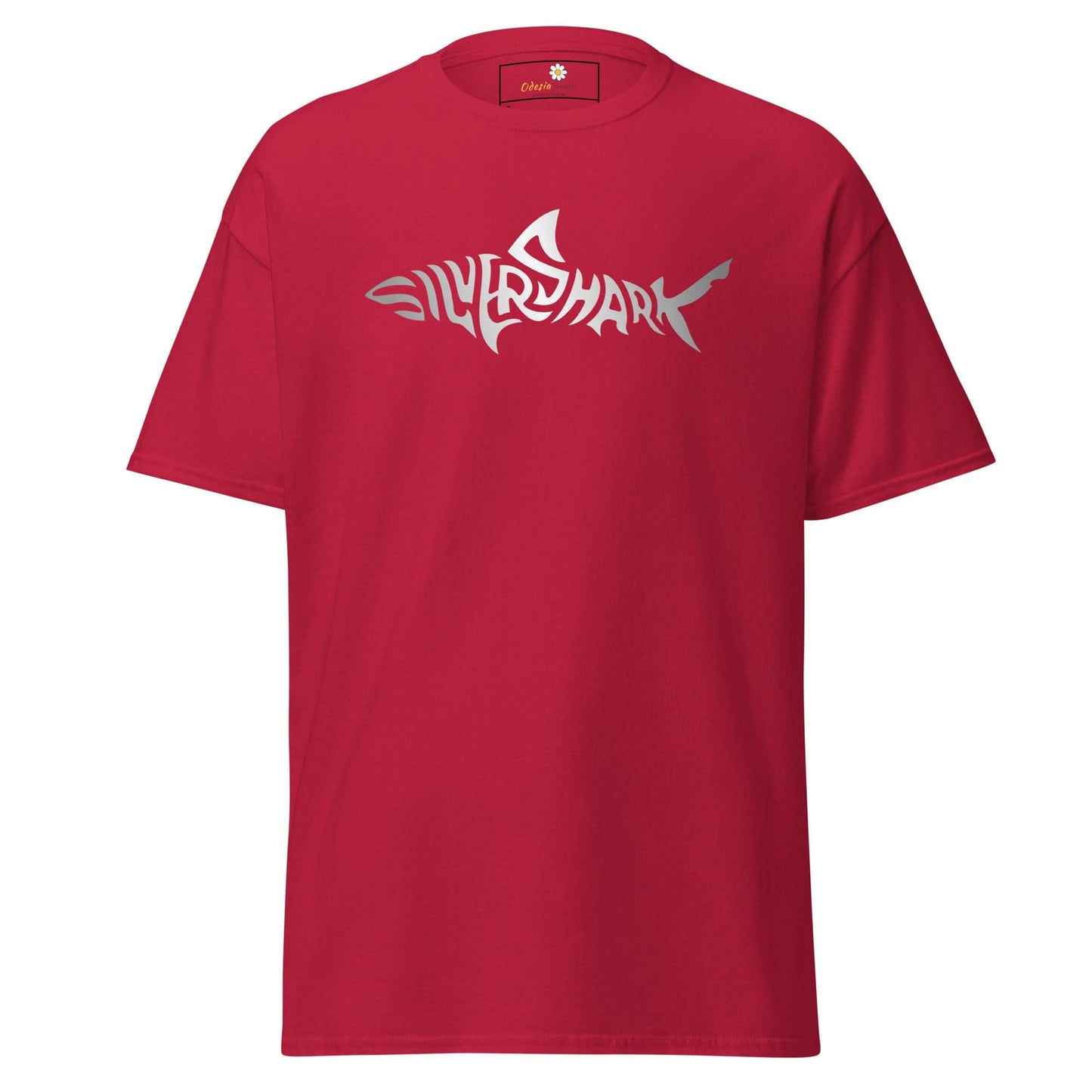 Red T-shirt with a silver shark design, suitable for men and women sizes S to XL