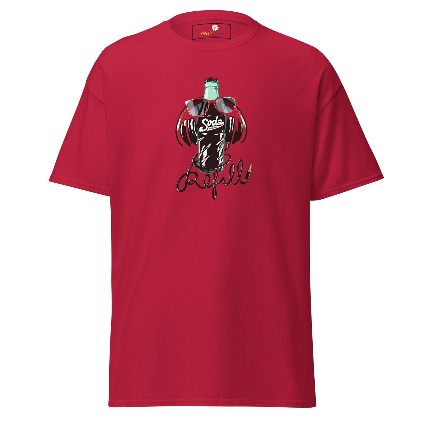 Red T-shirt with soda bottle graphic, available in S to XL for men and women