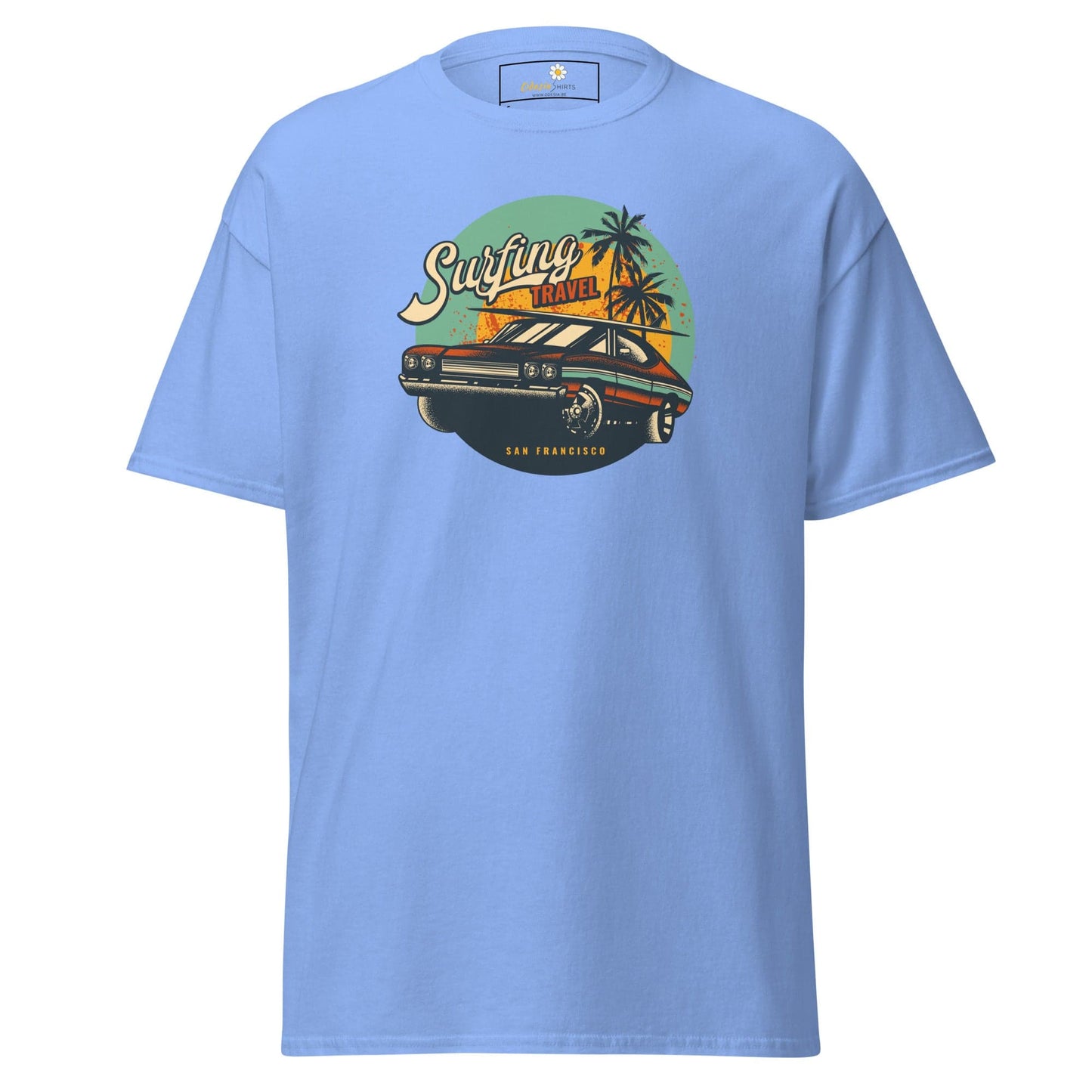Light blue T-shirt with car graphic for men and women in size S to XL