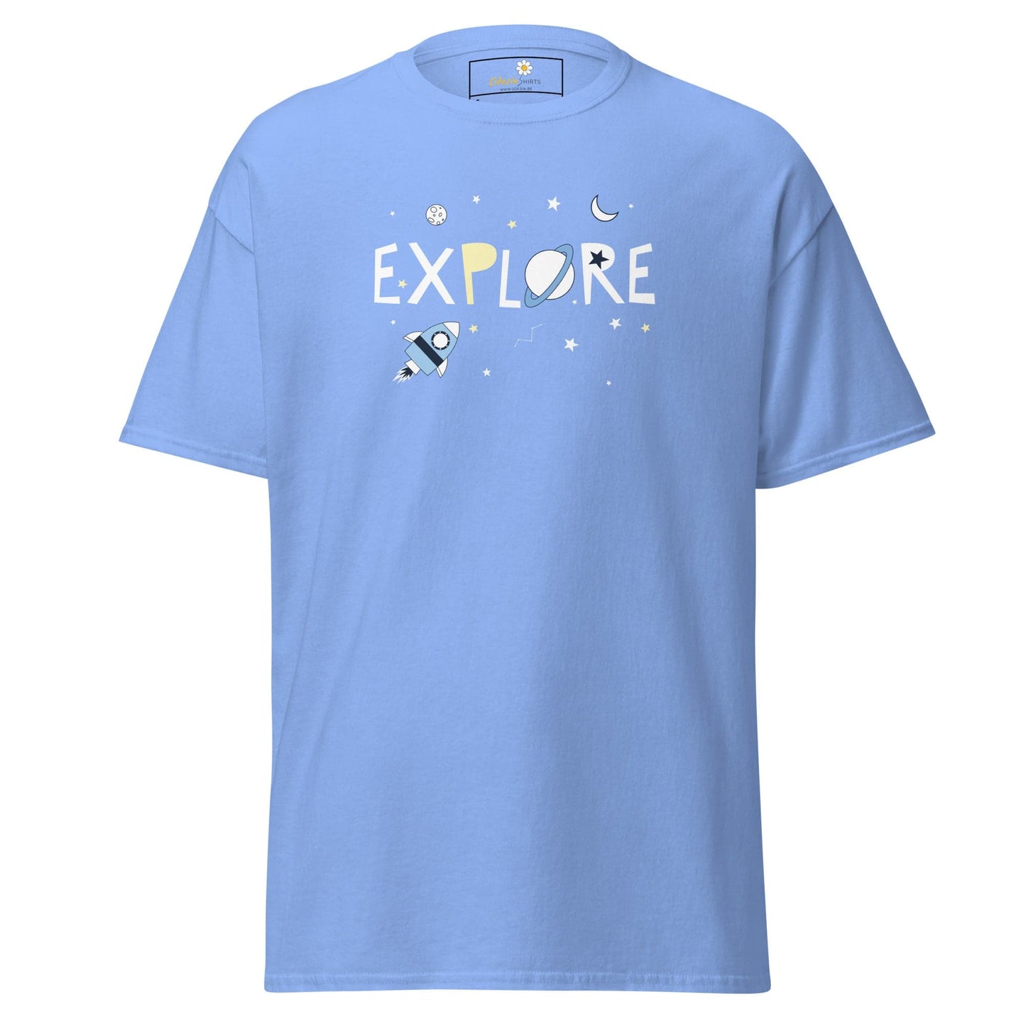 Light blue T-shirt with a space-themed design for men and women in sizes S to XL