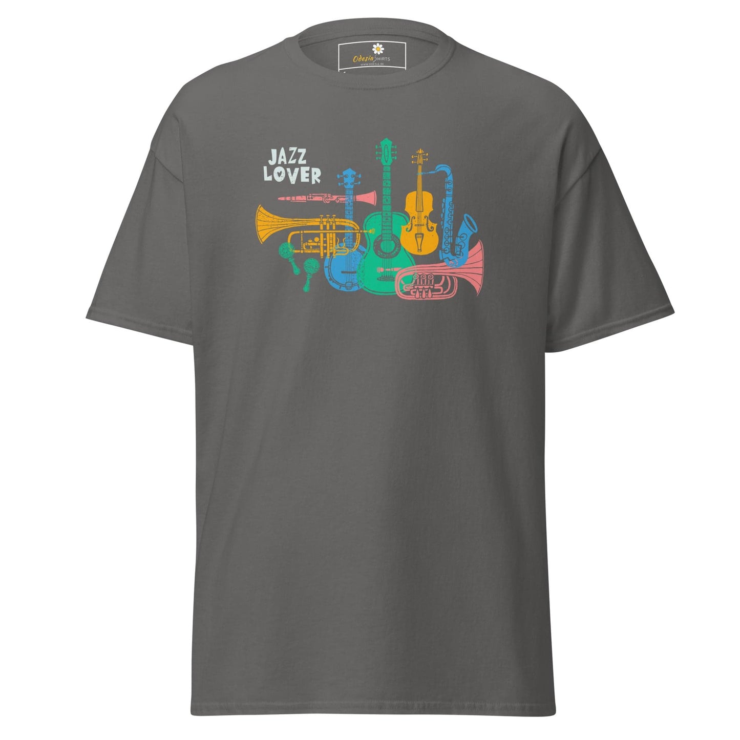 Gray t-shirt with colorful jazz instrument graphic for men and women in sizes S to XL