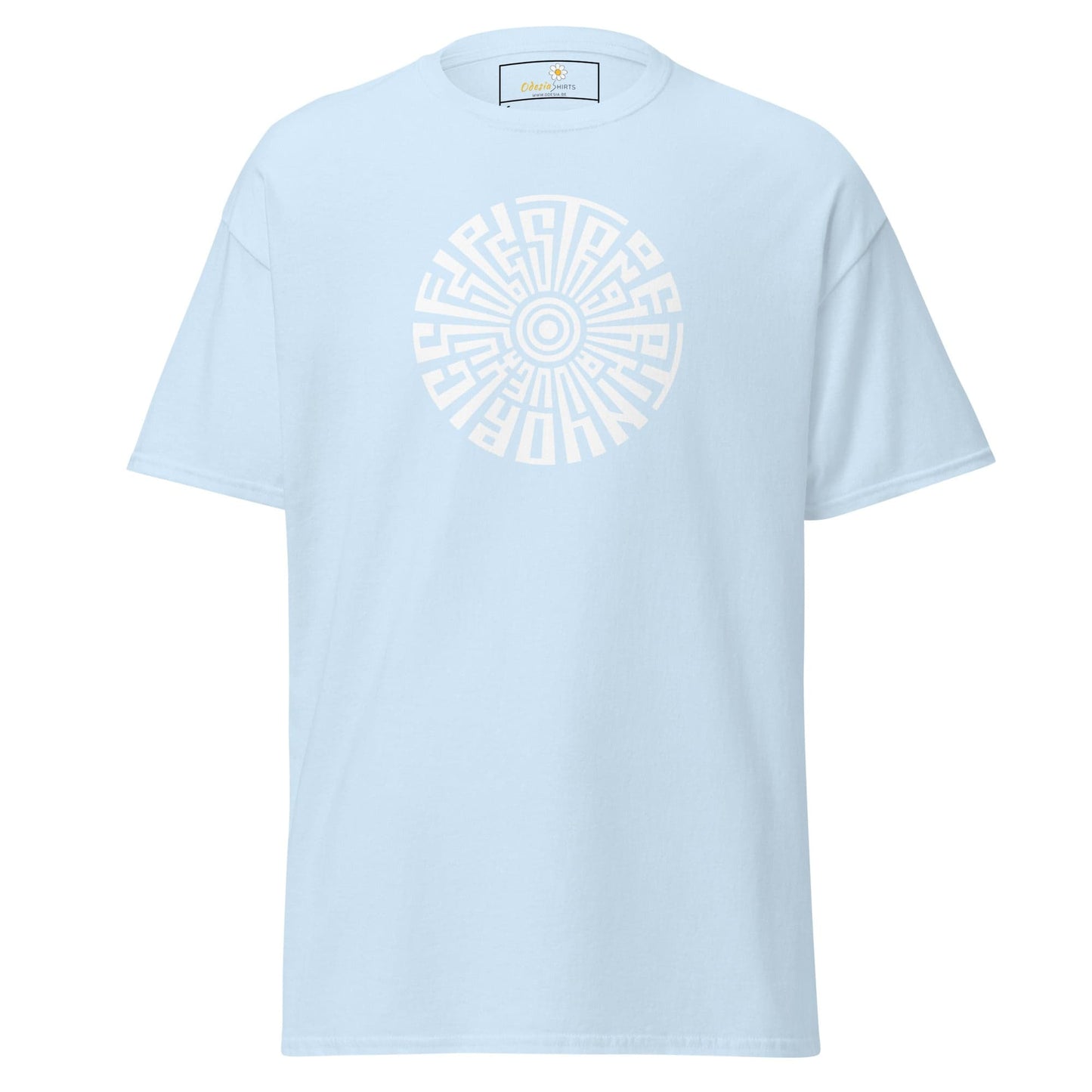 Light blue T-shirt with circular design for Men and Women in sizes S to XL