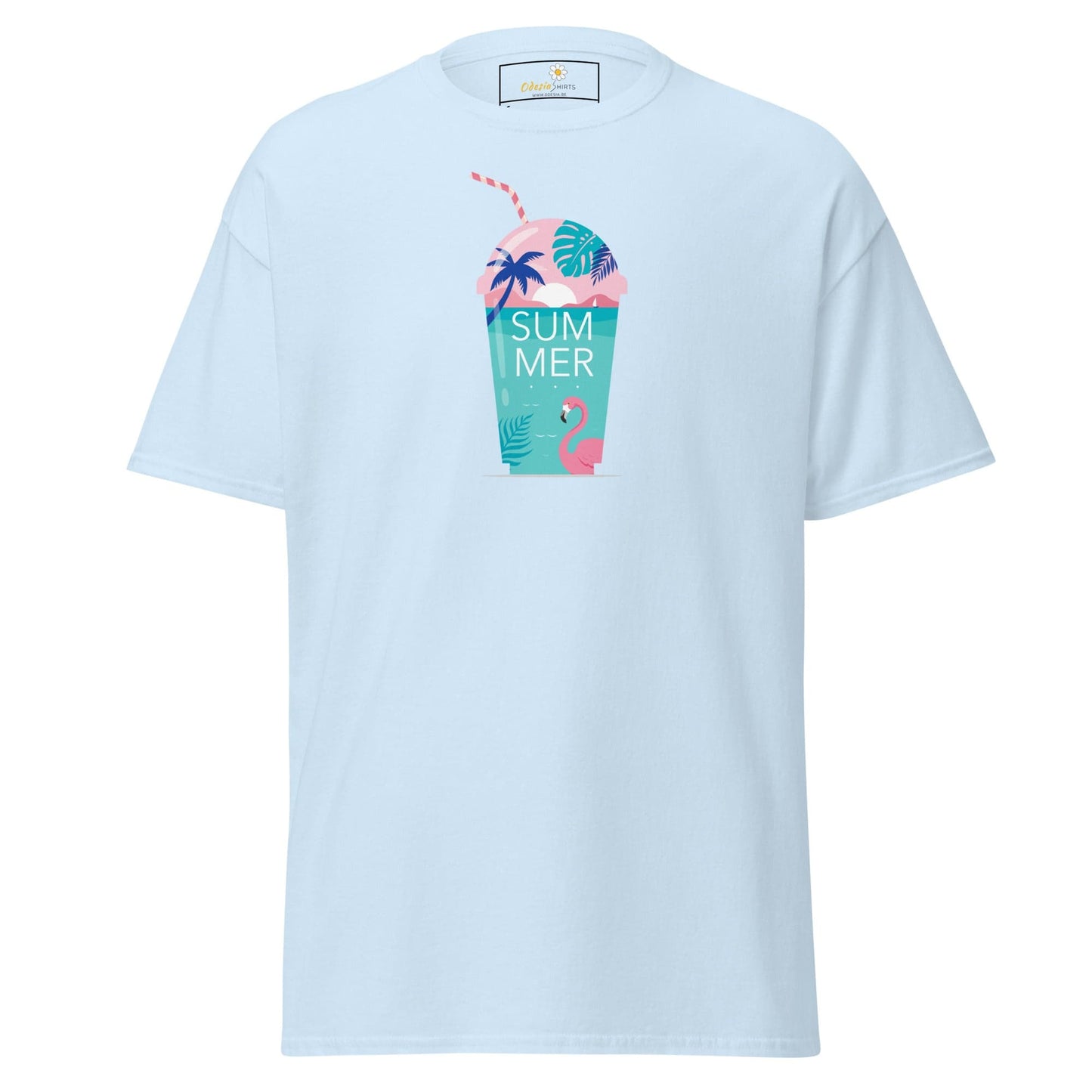 Light blue T-shirt with summer drink design for men and women, available in sizes S to XL