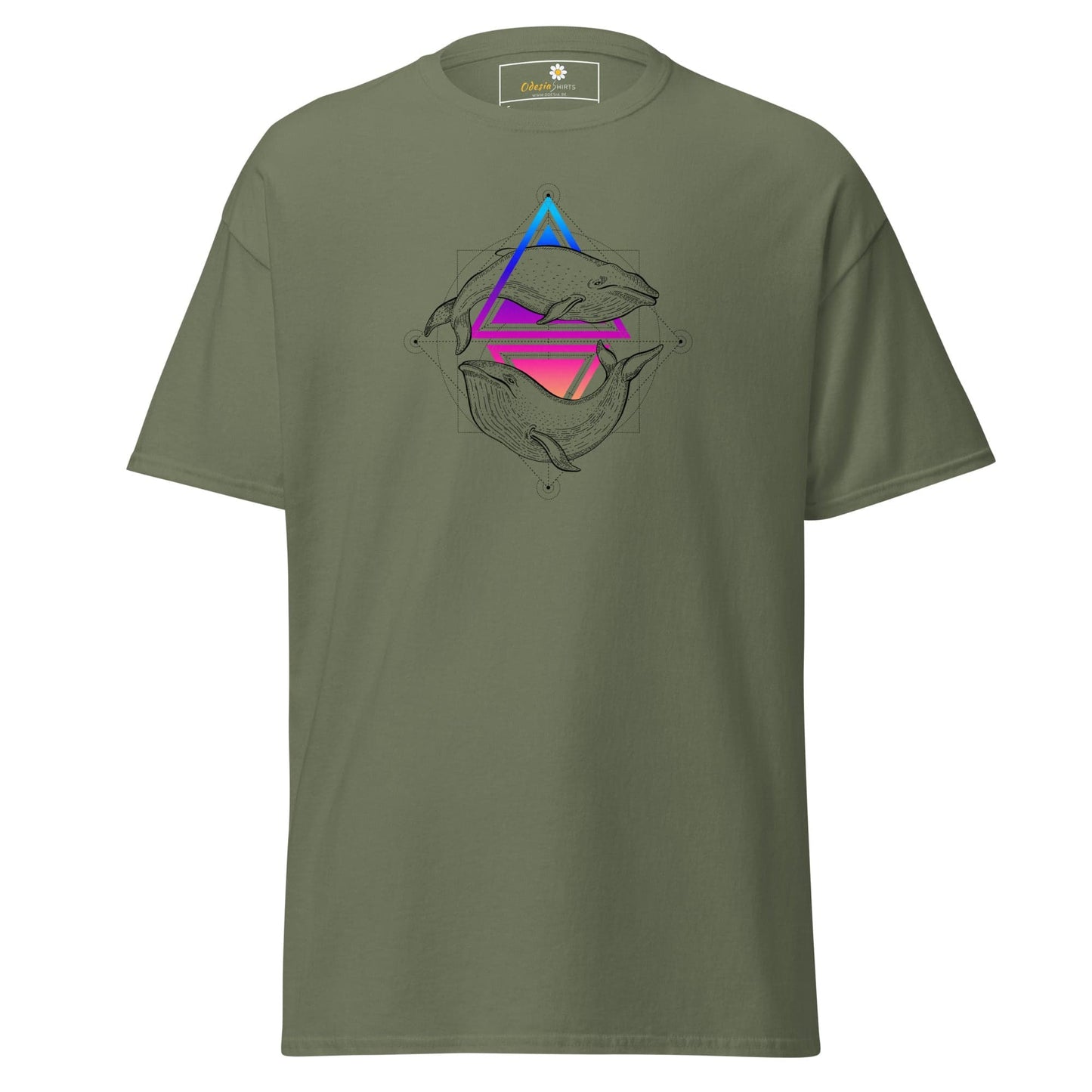 Olive green T-shirt with whale design for men and women available in sizes S to XL