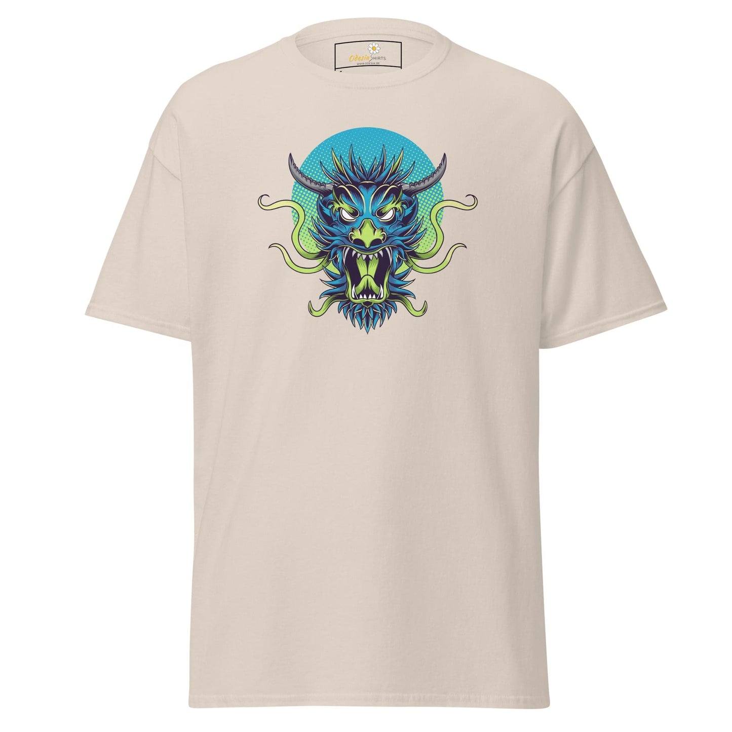Beige T-shirt featuring a dragon graphic, suitable for men and women, available in multiple sizes