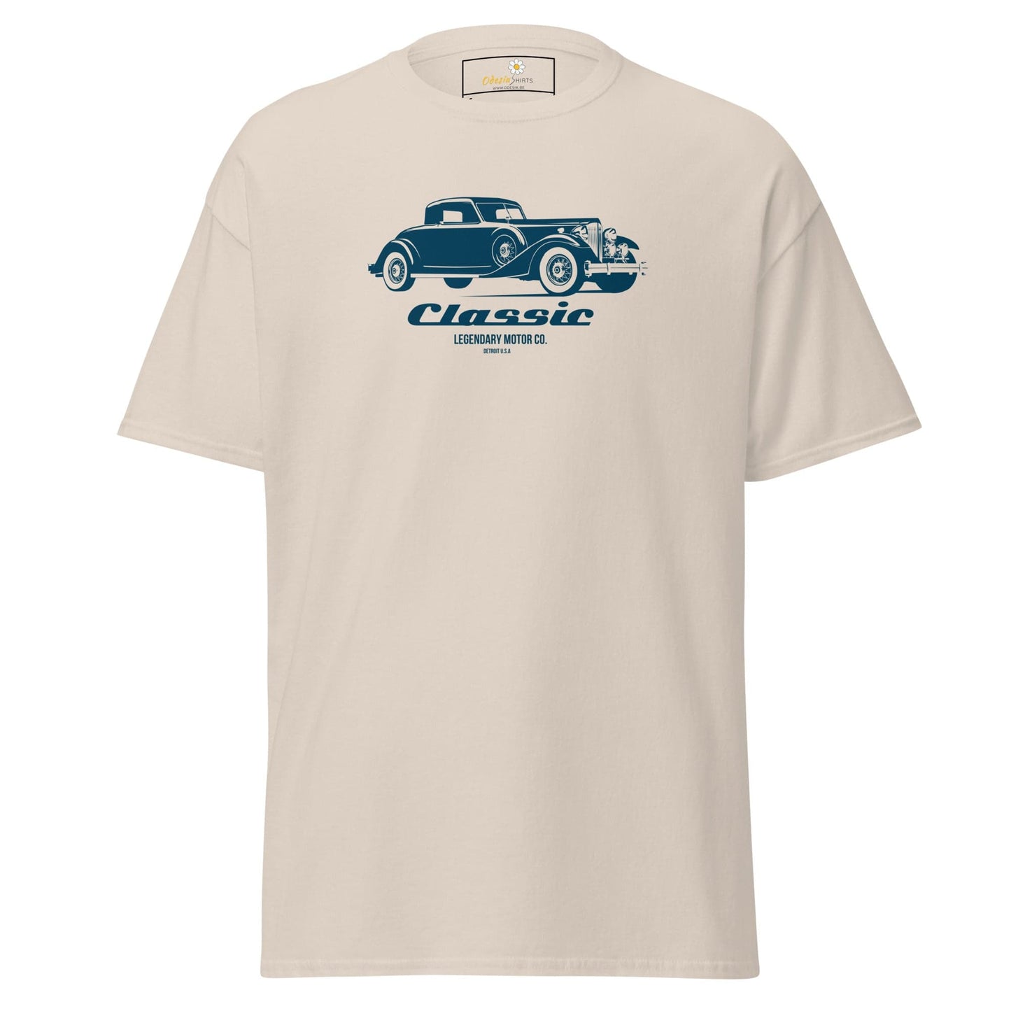 Beige T-shirt with a classic car design, suitable for men and women sizes S to XL