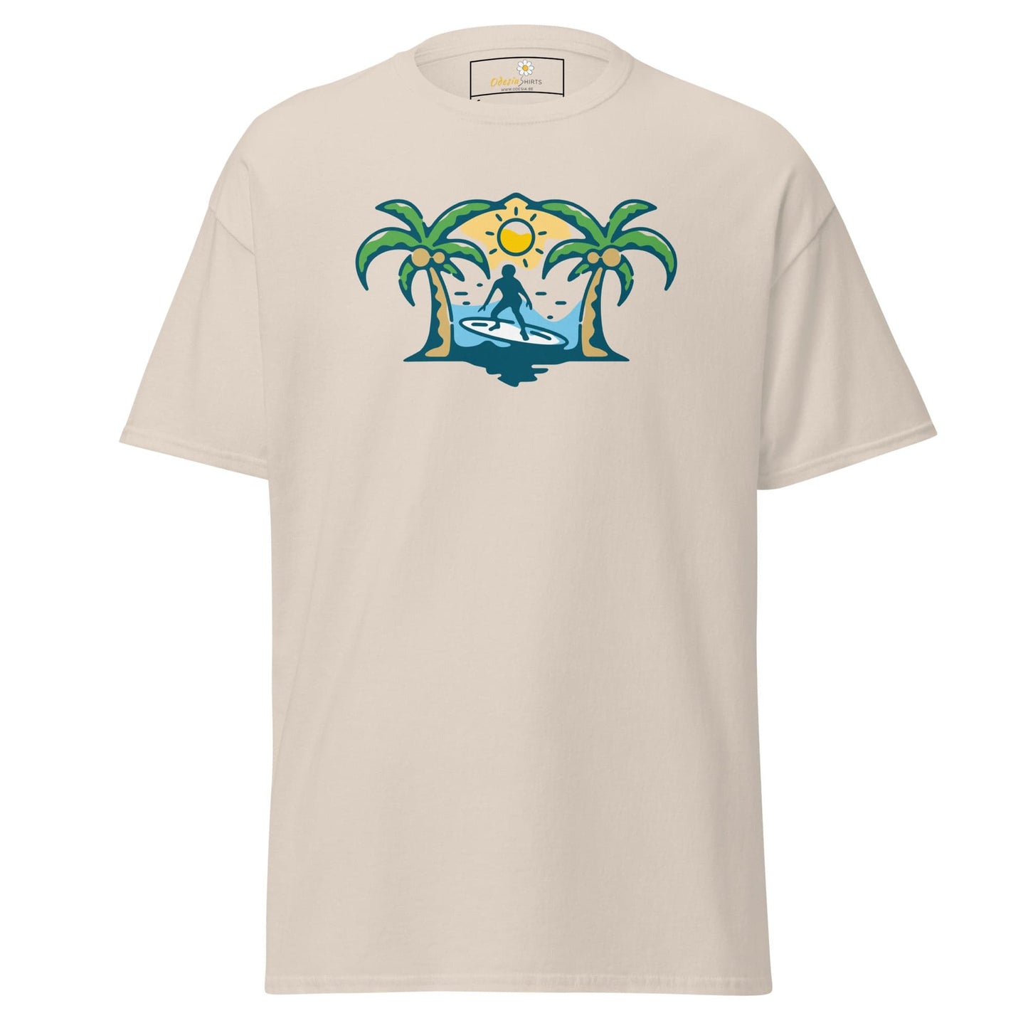 Beige T-Shirt with Surfer Graphic, Unisex Design for Men and Women, S to XL