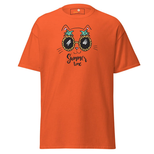 Orange T-shirt featuring a cat with pineapple sunglasses for men and women size S to XL