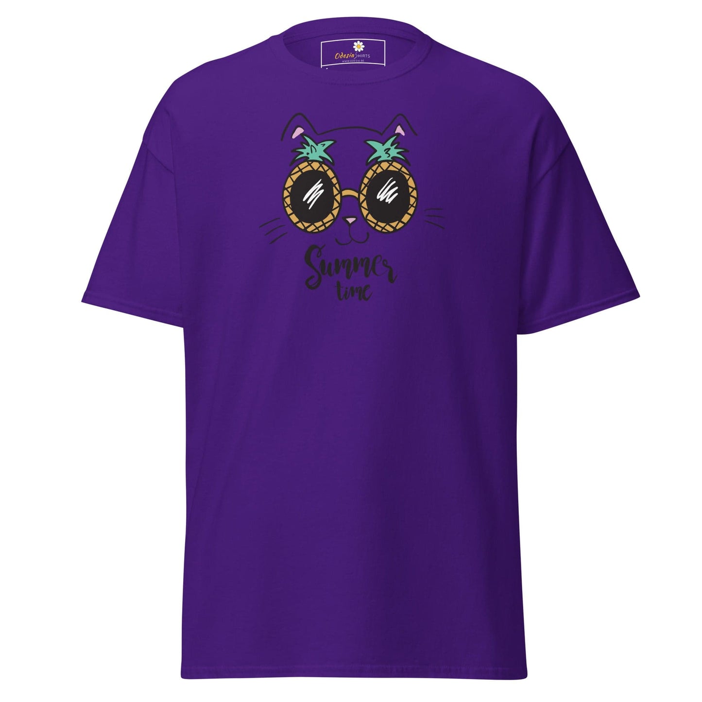 Purple T-shirt with pineapple sunglasses cat graphic for men and women size S to XL