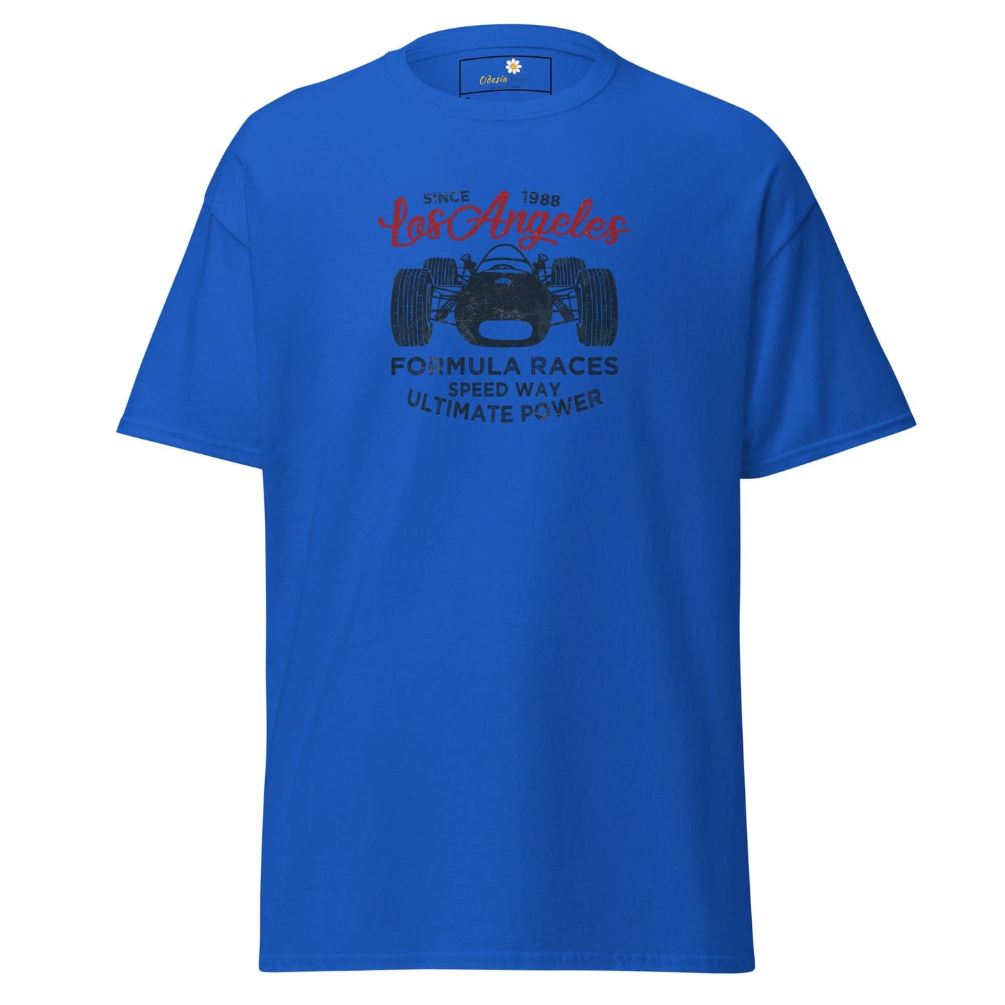 Blue T-shirt with race car graphic for men and women available in sizes S to XL