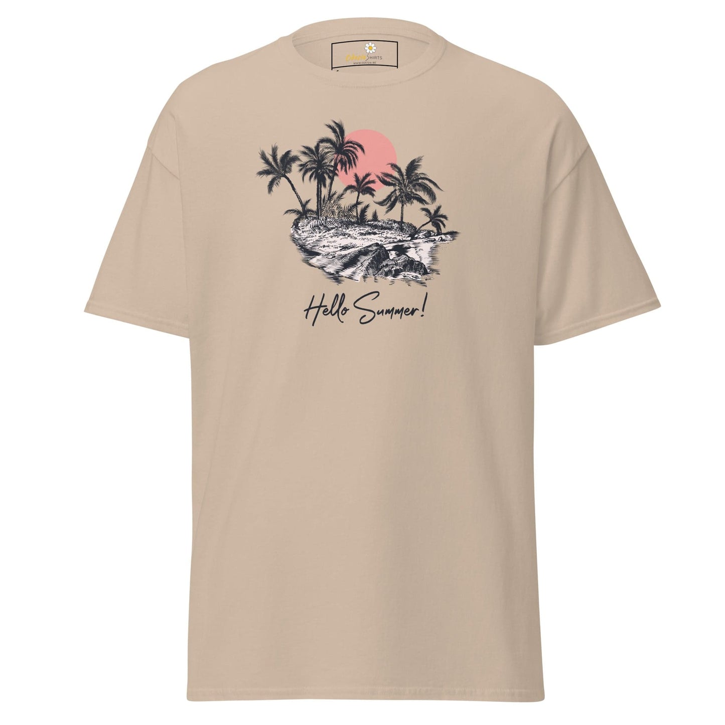 Beige T-shirt with tropical island graphic for men and women available in sizes S to XL
