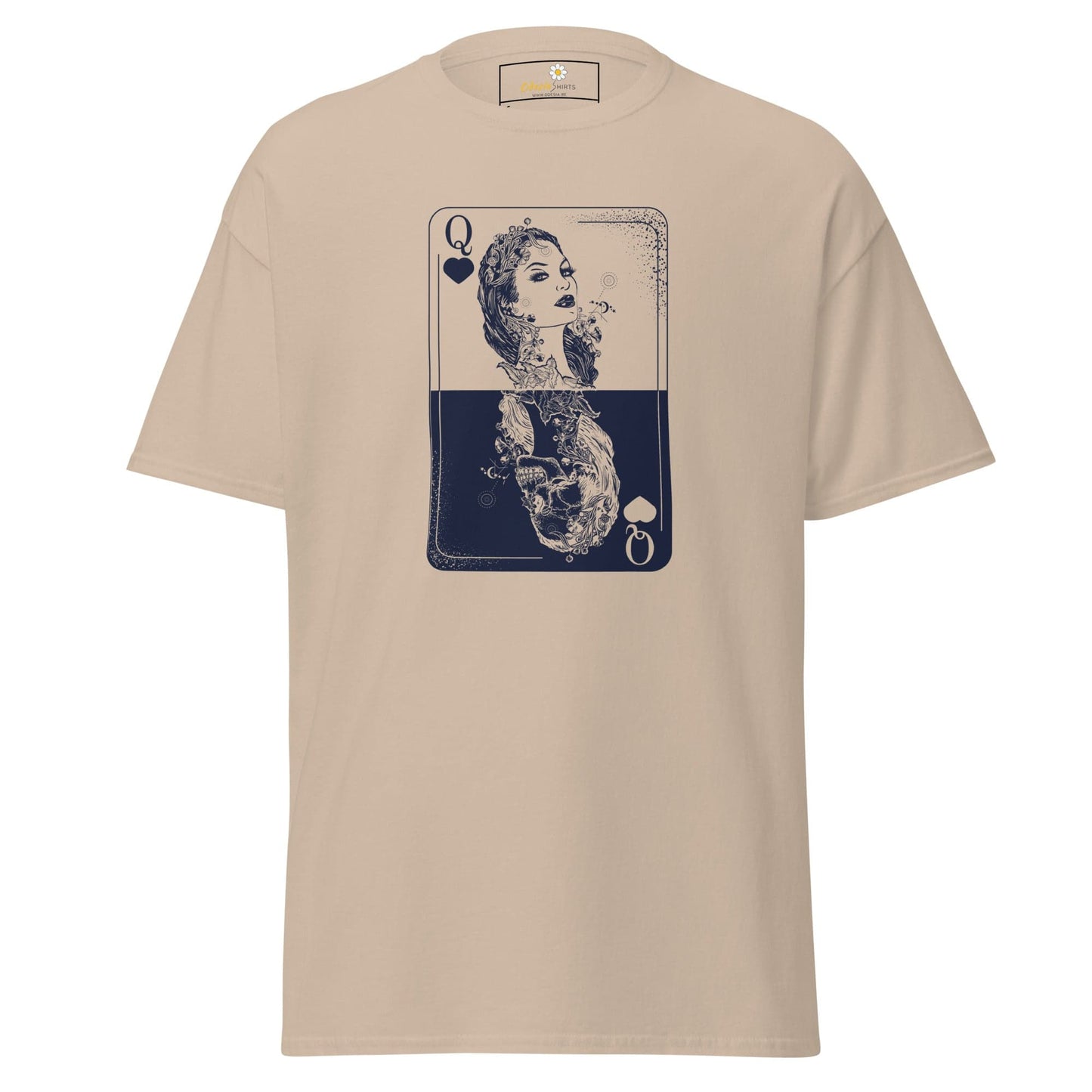 Beige T-shirt with Queen of Spades card graphic for men and women in sizes S to XL