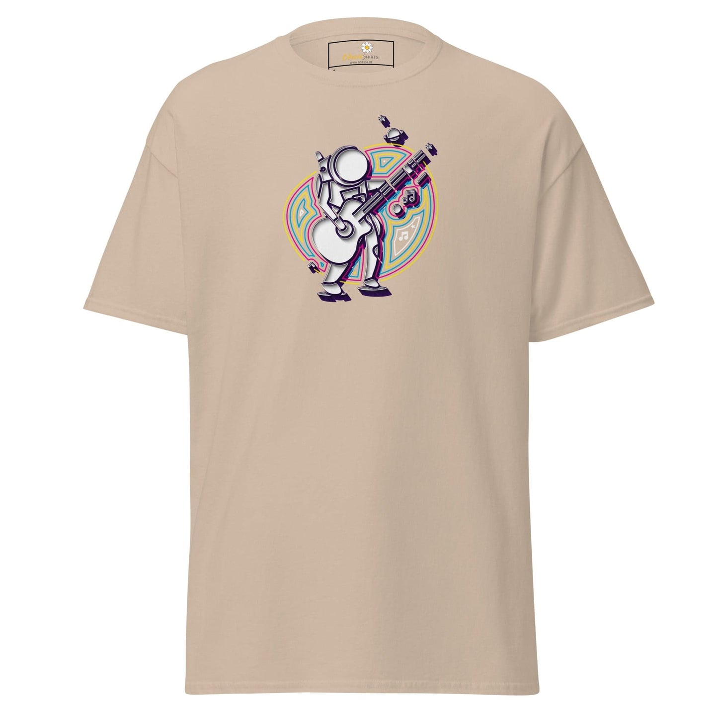 Beige T-shirt with astronaut playing guitar graphic, men’s and women’s sizes S to XL