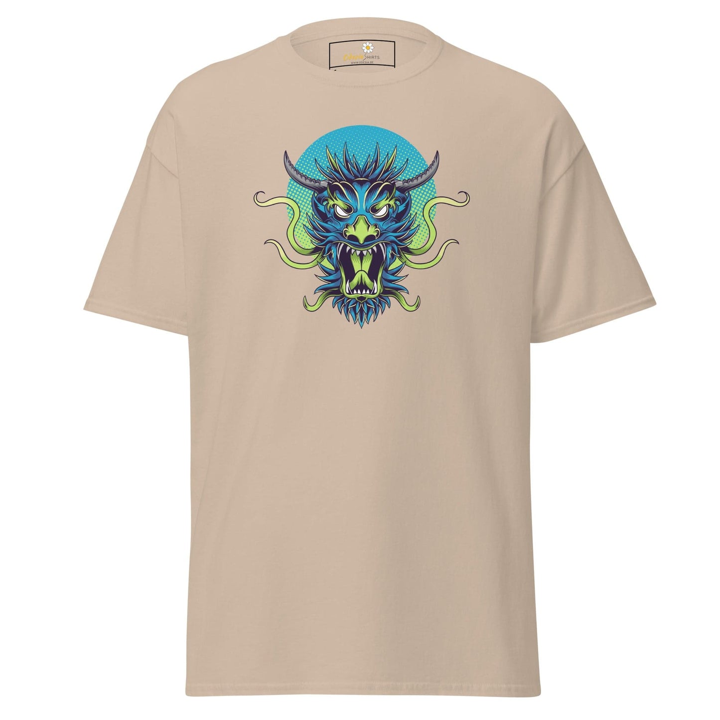 Beige T-shirt with dragon graphic, suitable for men and women, available in sizes S to XL