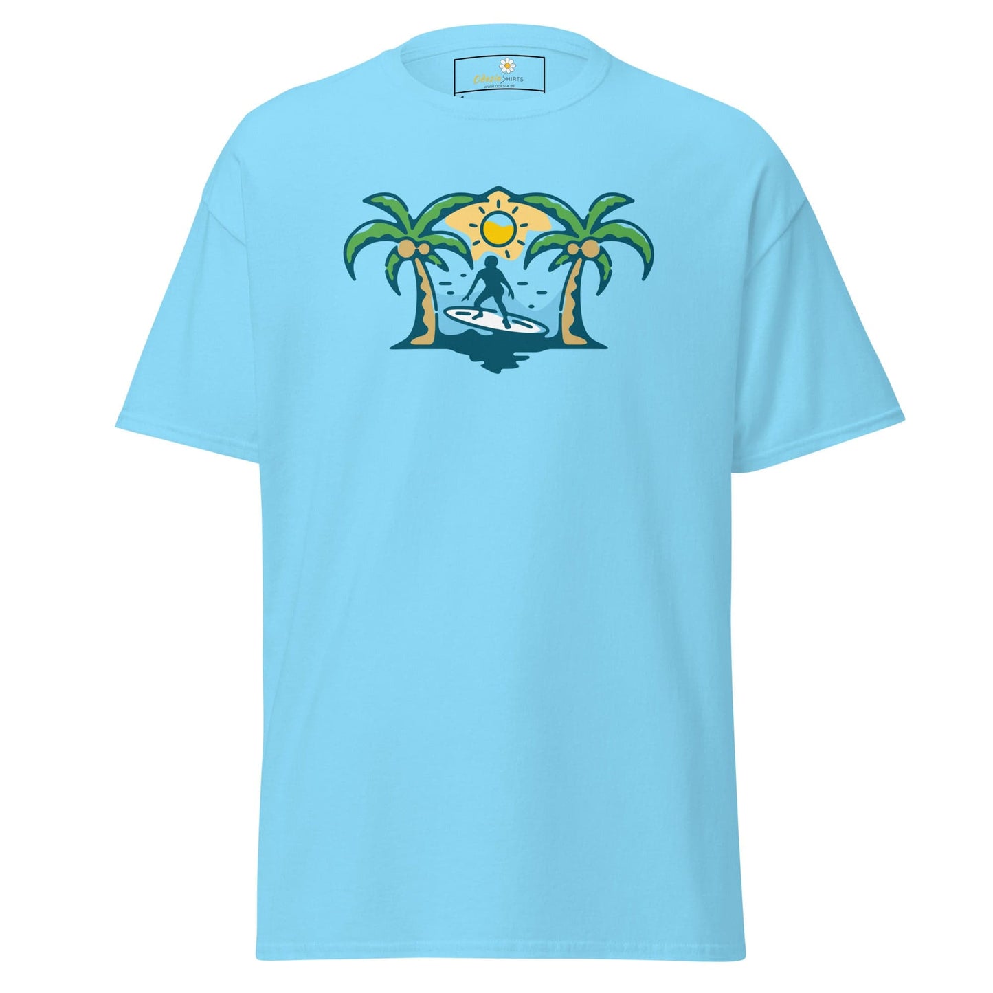 Light blue T-shirt with surfer graphic from T-SHIRT DESIGN TEE for men and women