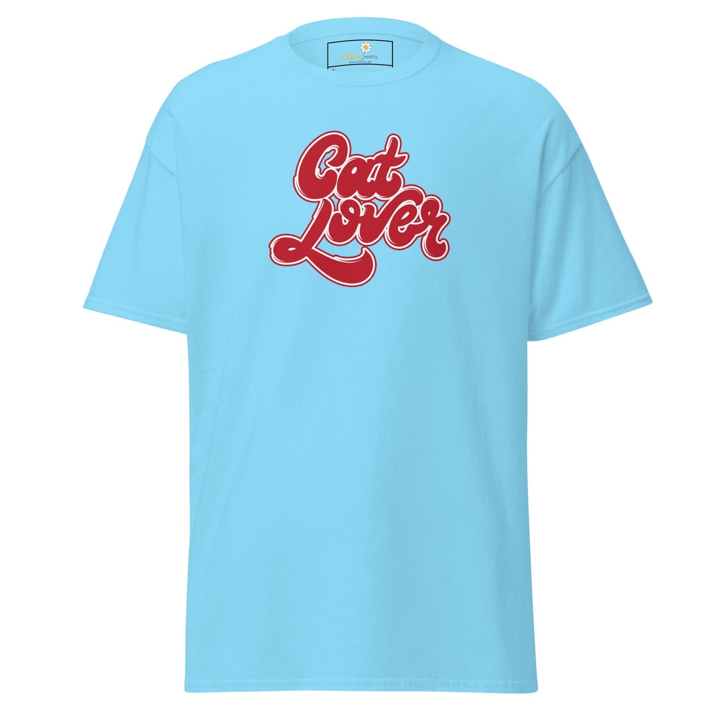 Light blue T-shirt featuring Cat Lover text from T-Shirt Design Tee for Men and Women