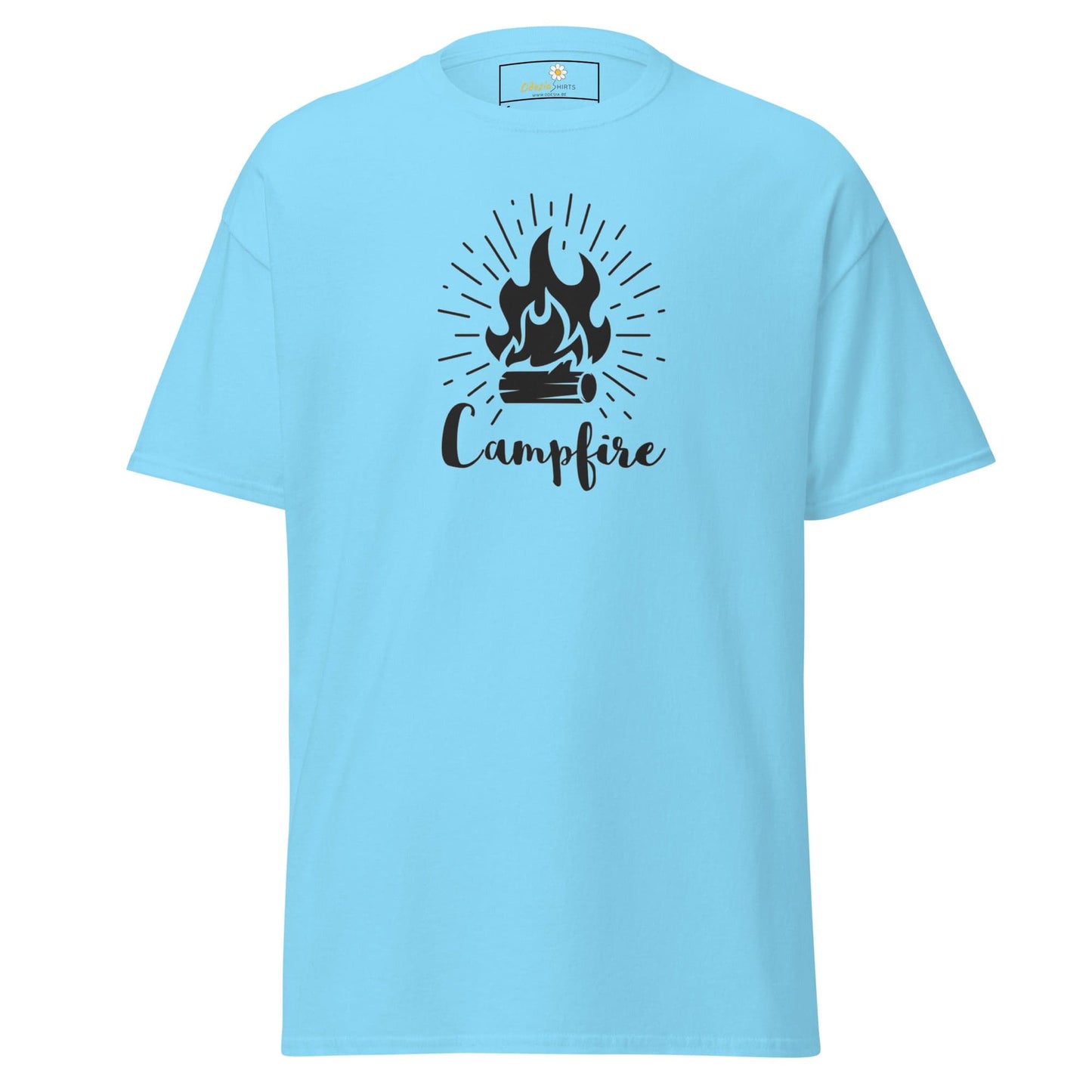 Light blue T-shirt with campfire graphic for men and women available in sizes S to XL