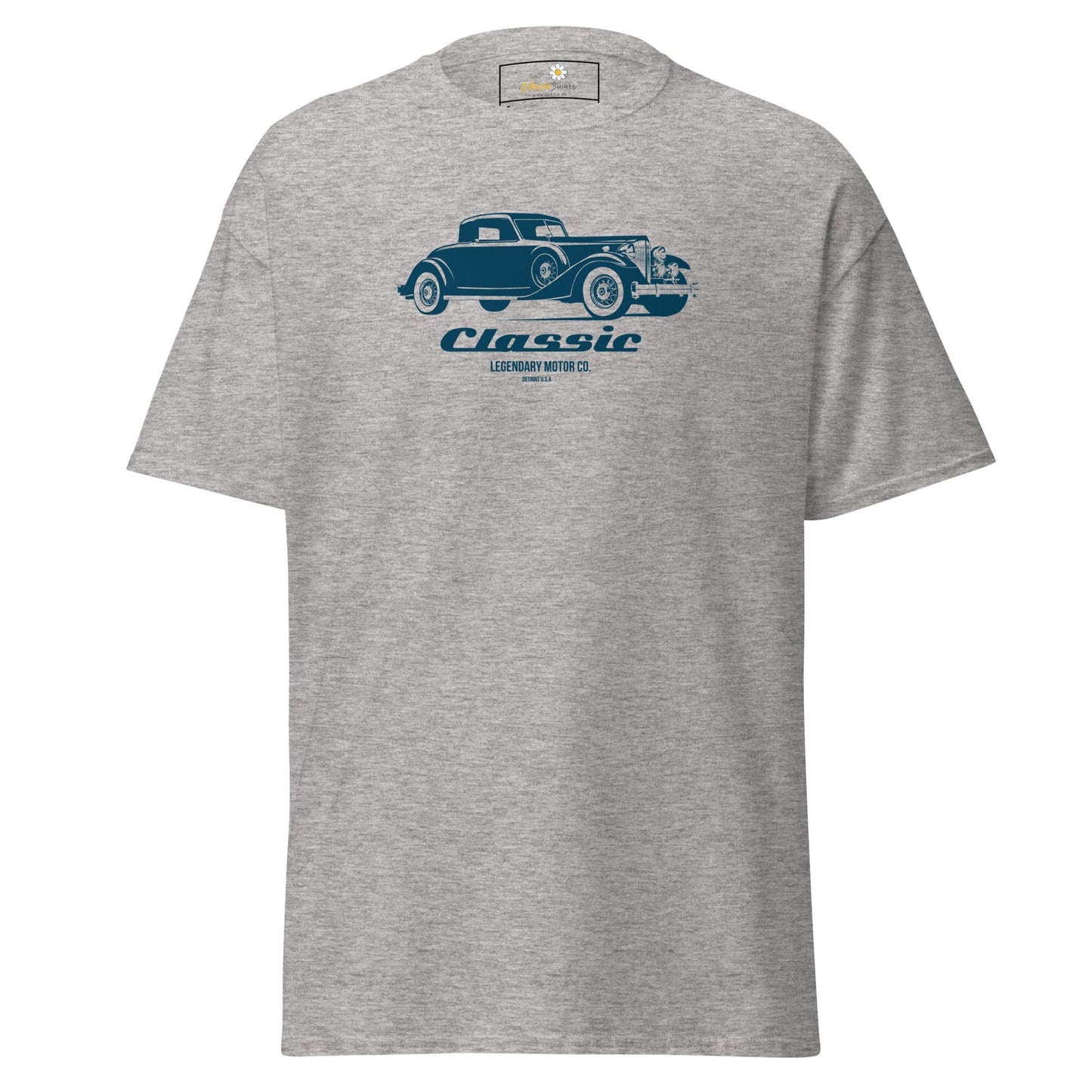 Gray T-shirt with classic car design for men and women, available in S to XL sizes