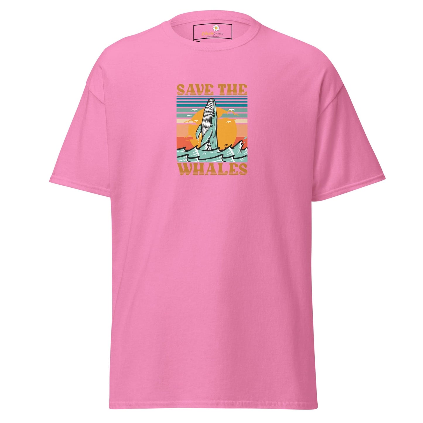 Pink T-shirt with whale graphic for men and women in sizes 2XL to 5XL