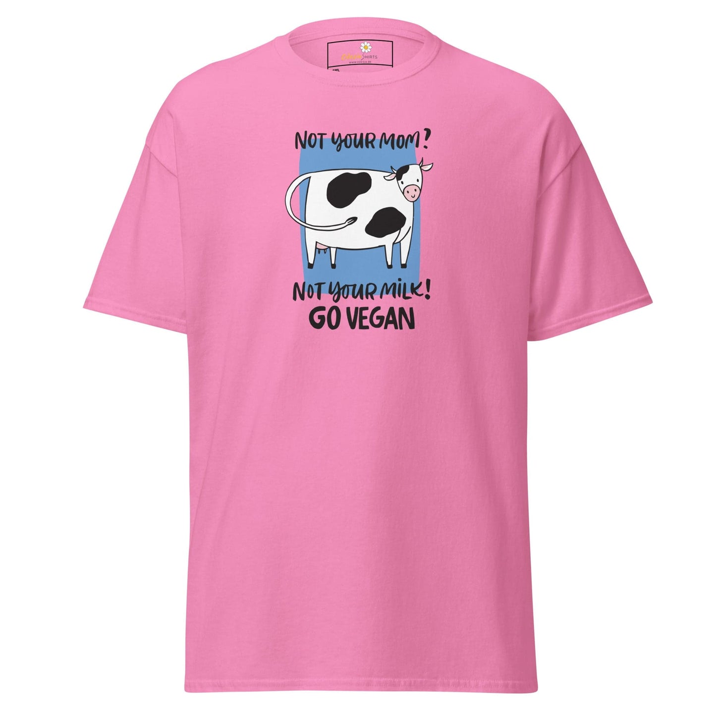 Pink t-shirt with cow graphic.