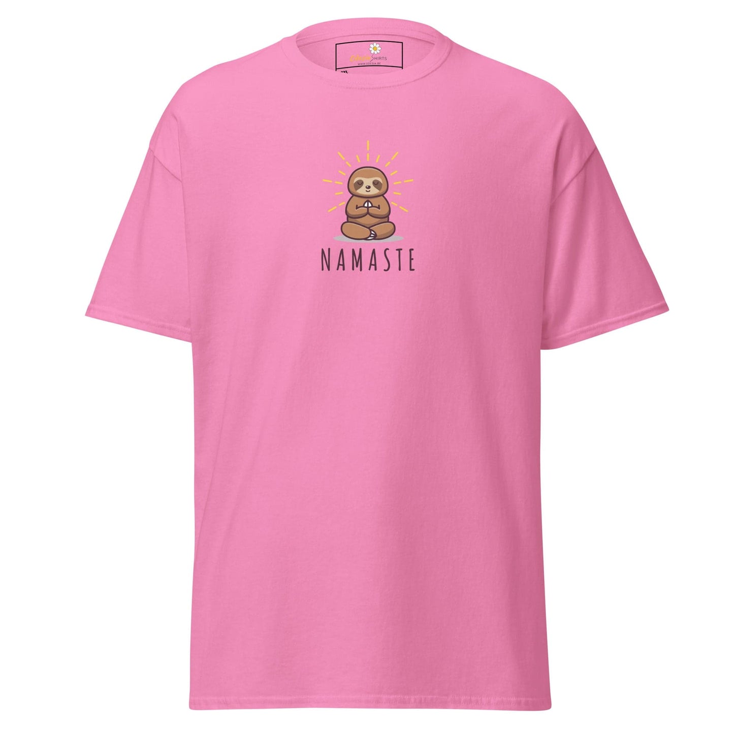 Pink t-shirt with sloth design.