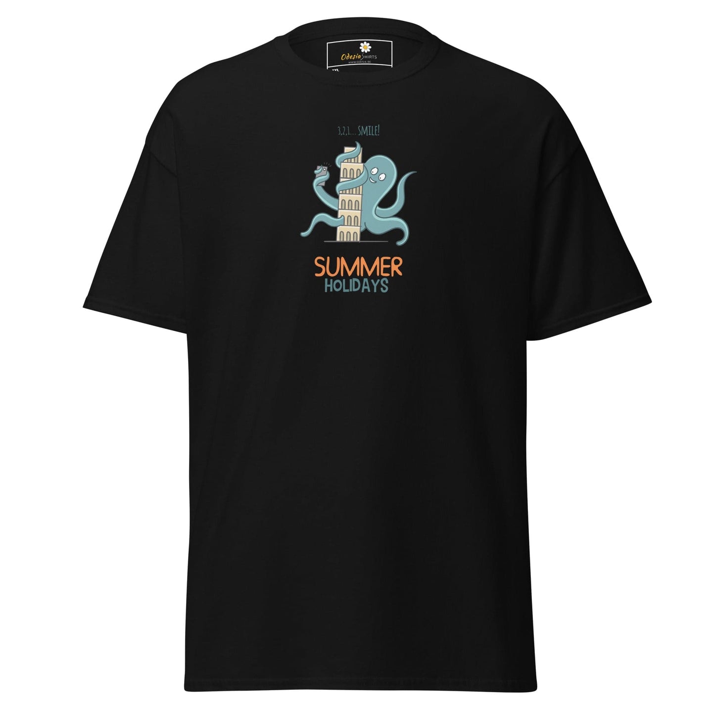 Black t-shirt with octopus graphic.