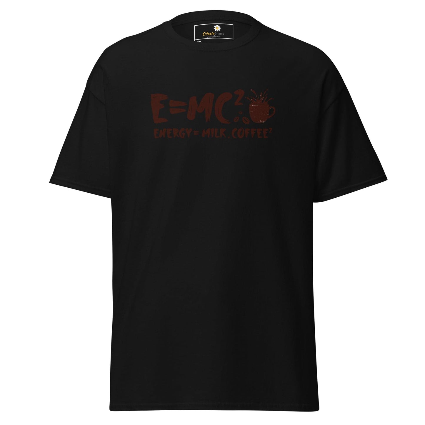 Black t-shirt with a coffee-themed design.