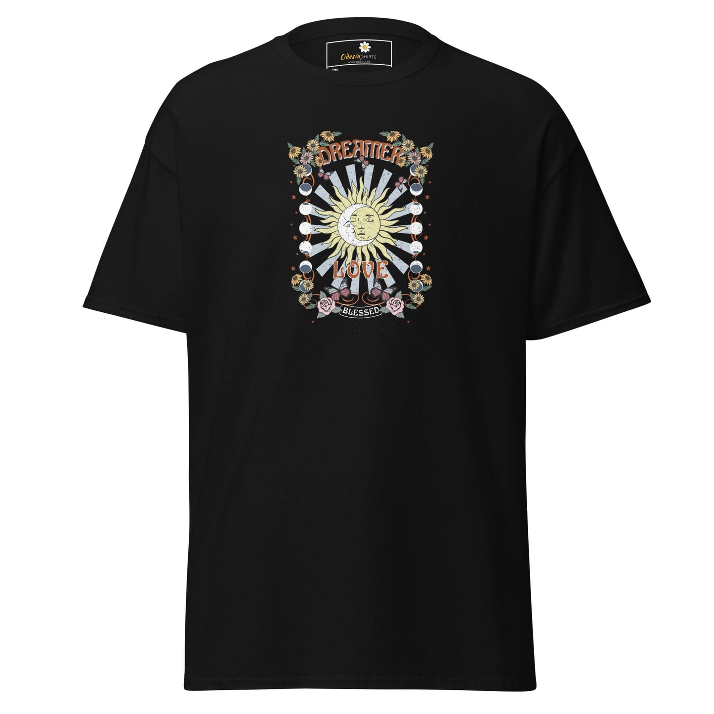 Black t-shirt with graphic print.