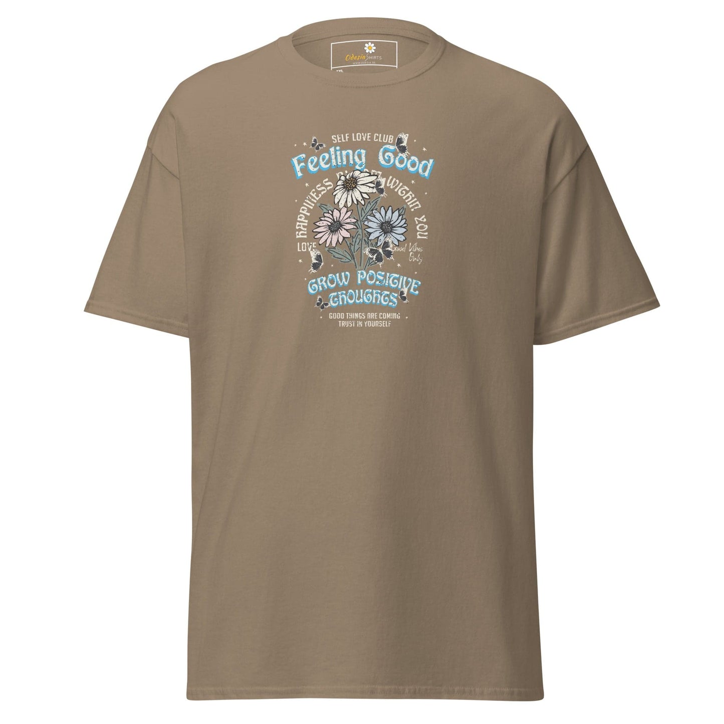 Beige t-shirt with floral graphic.