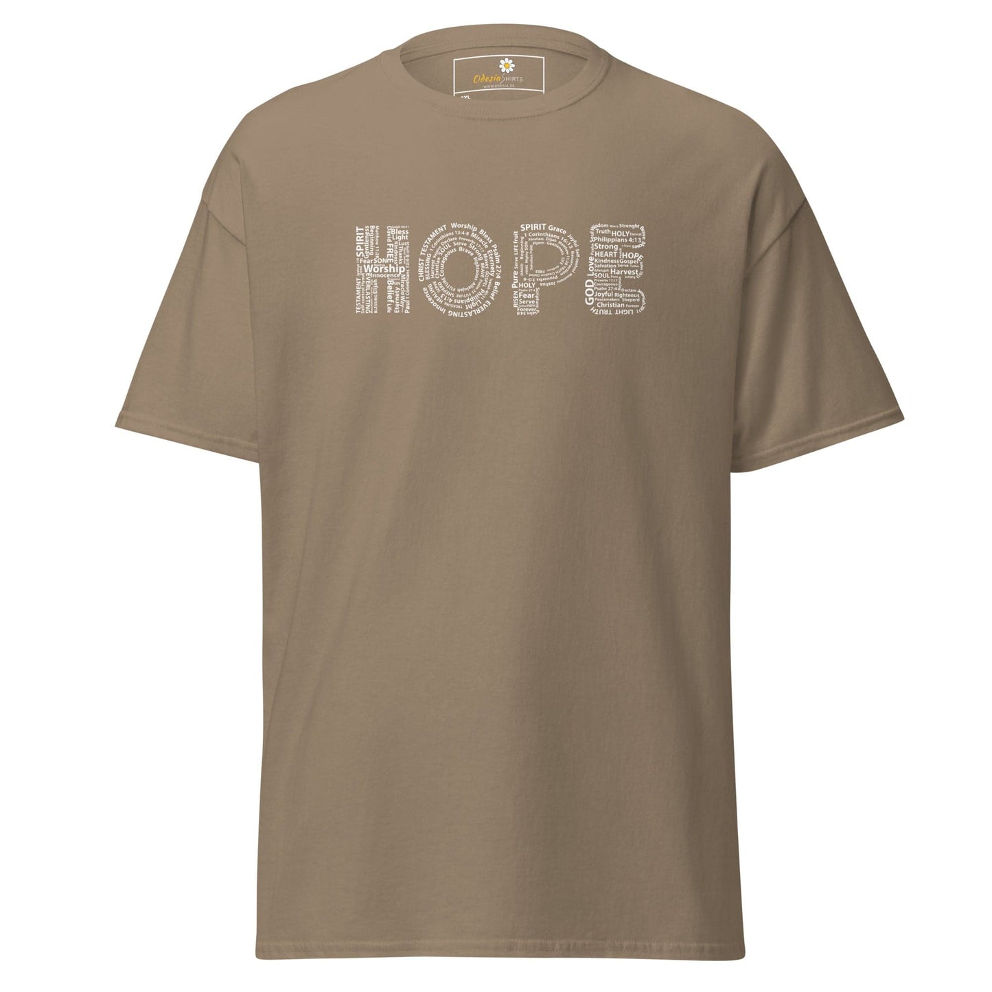 Khaki t-shirt with ’HOPE’ graphic.