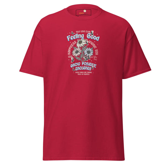 Red t-shirt with floral graphic.