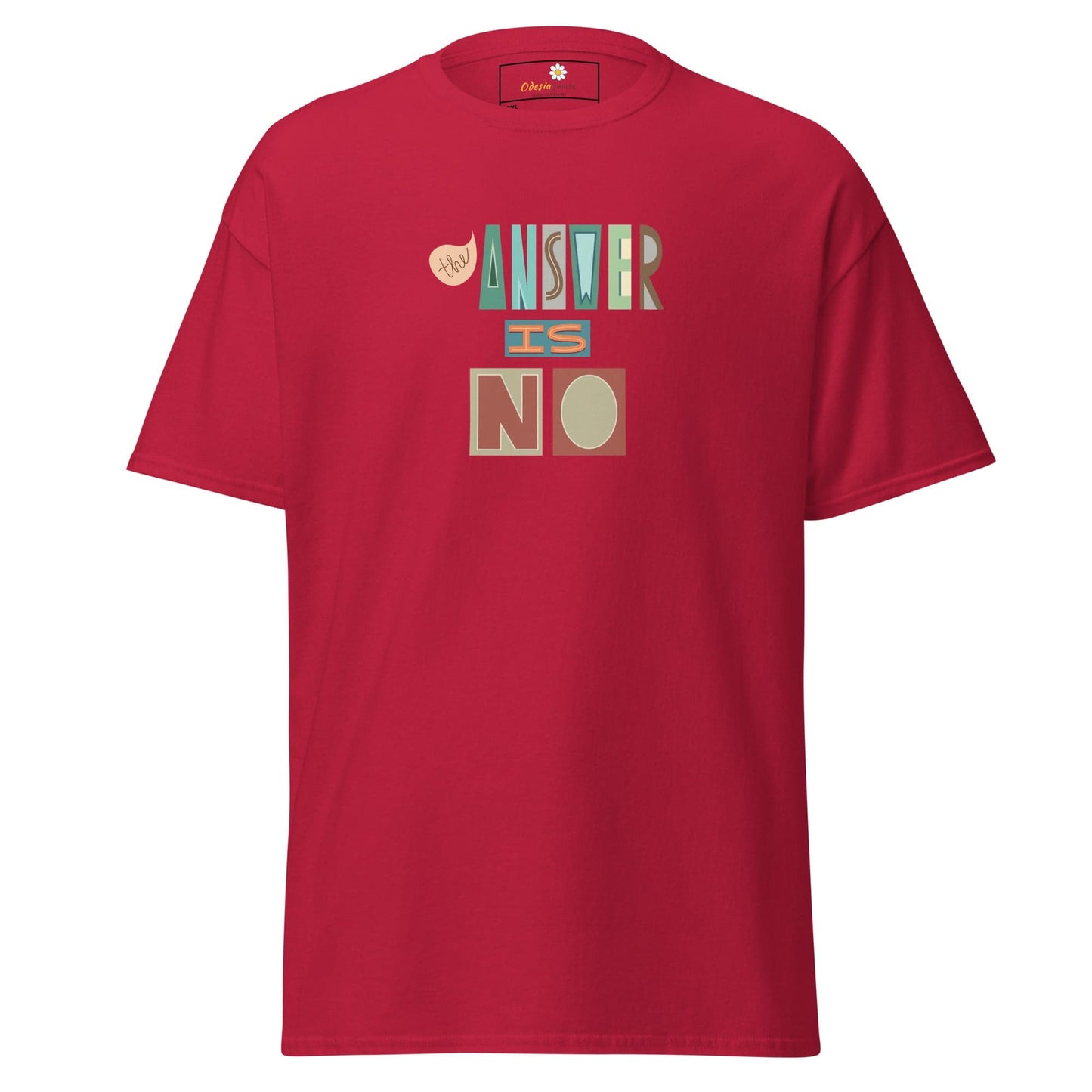 Red t-shirt with ’Answer is No’ graphic.