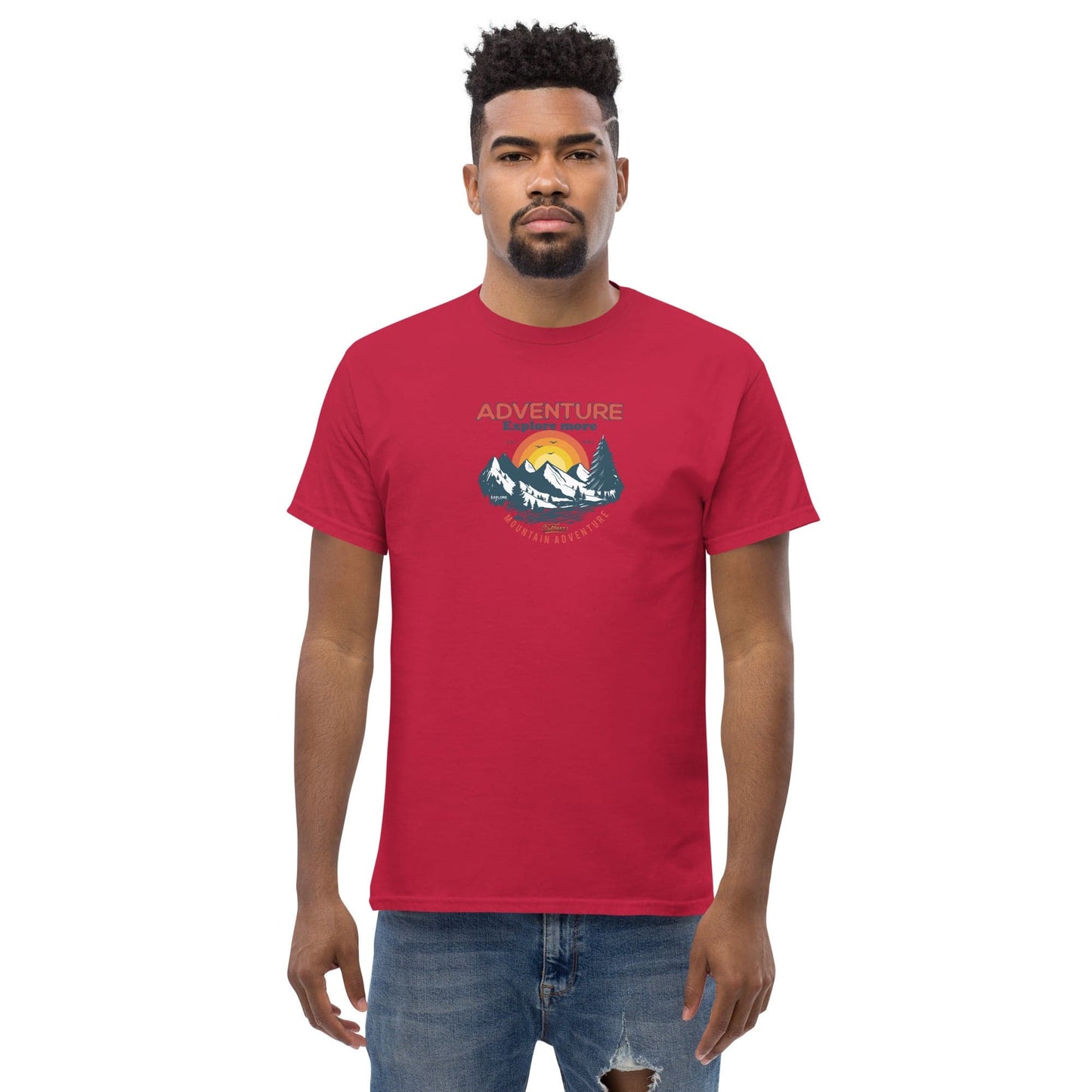 Red t-shirt with mountain graphic.