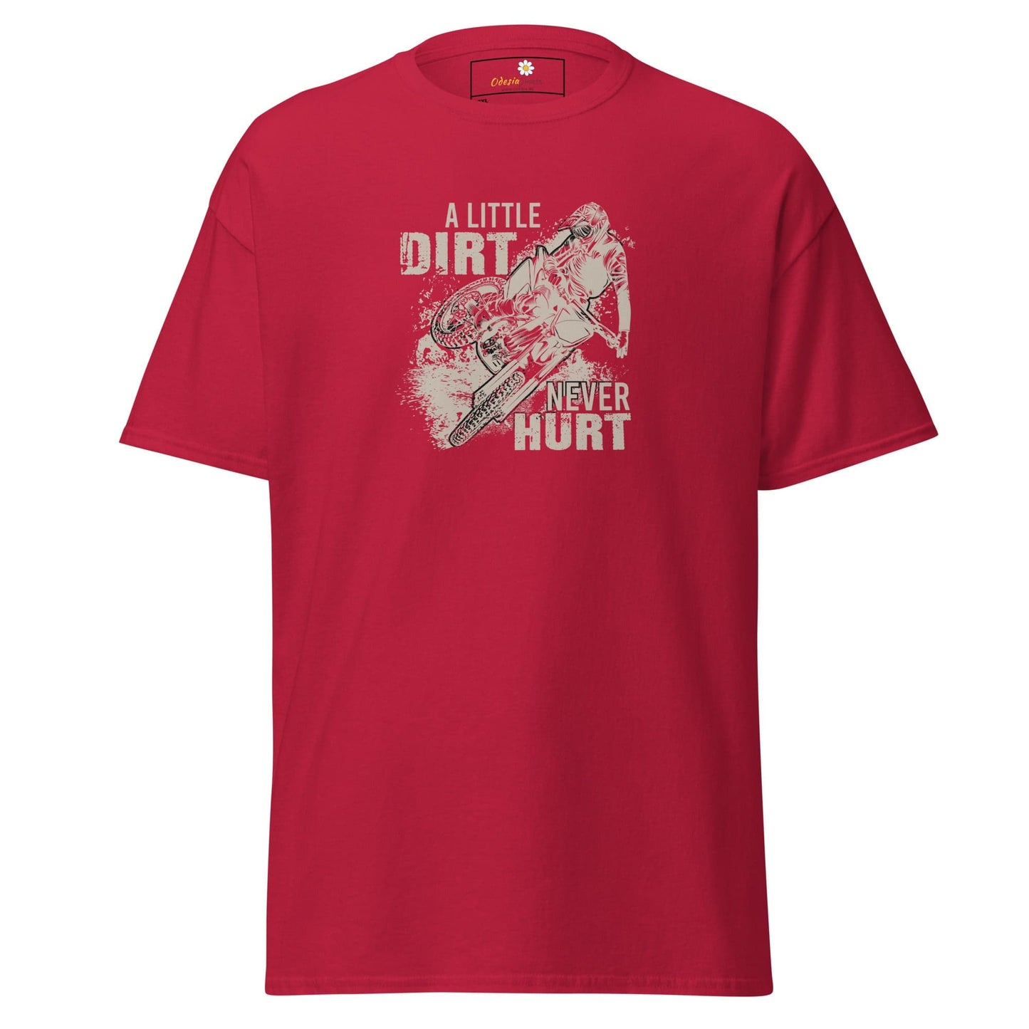 Red graphic t-shirt.