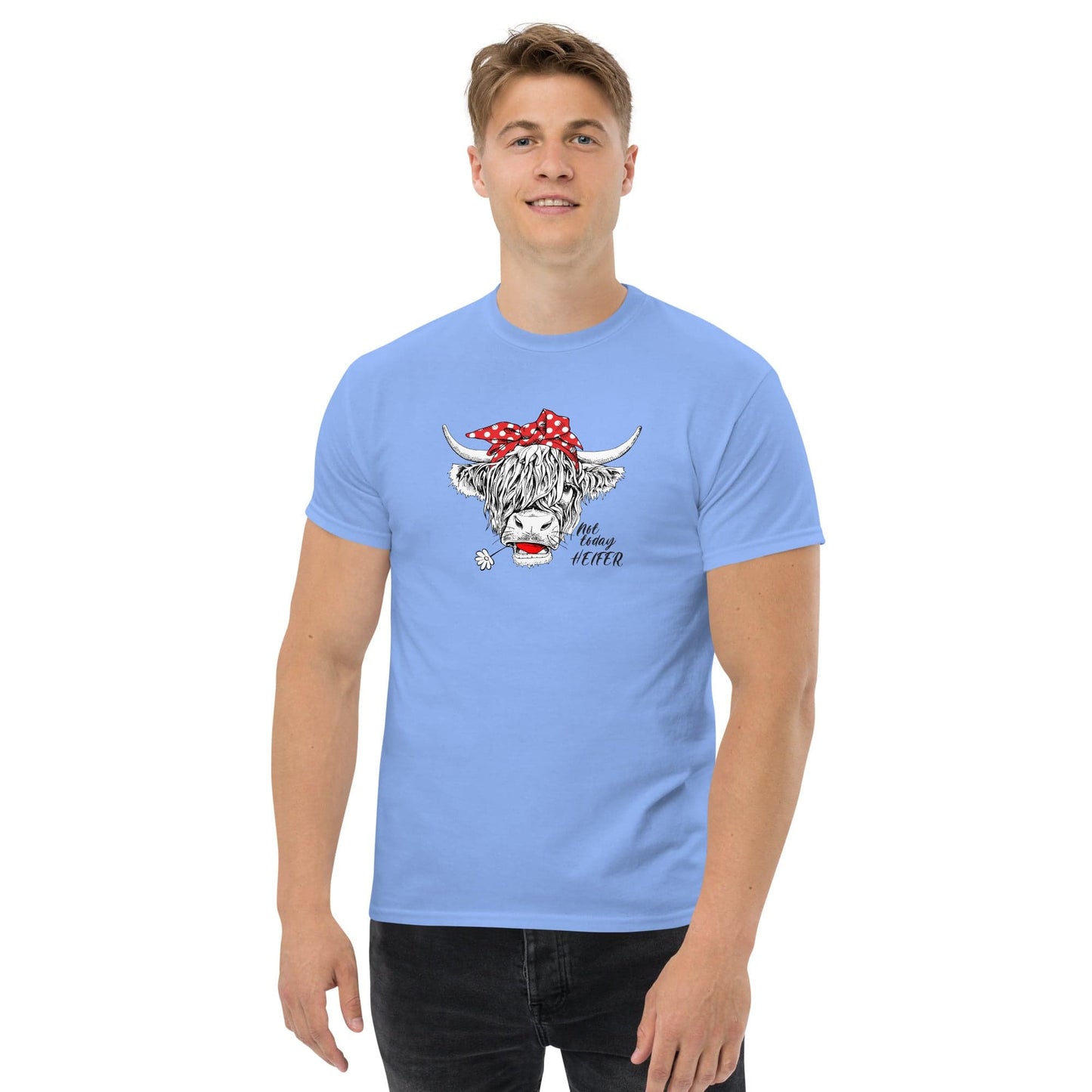 Light blue t-shirt.
