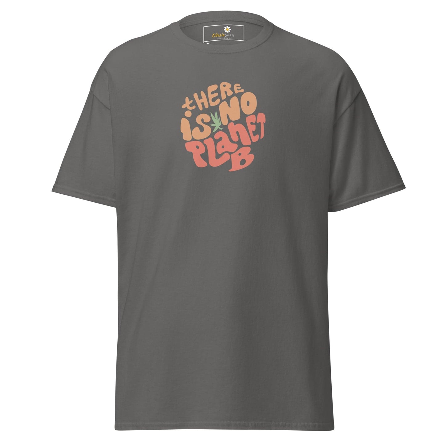 Gray t-shirt with ’There is no Planet B’ graphic.