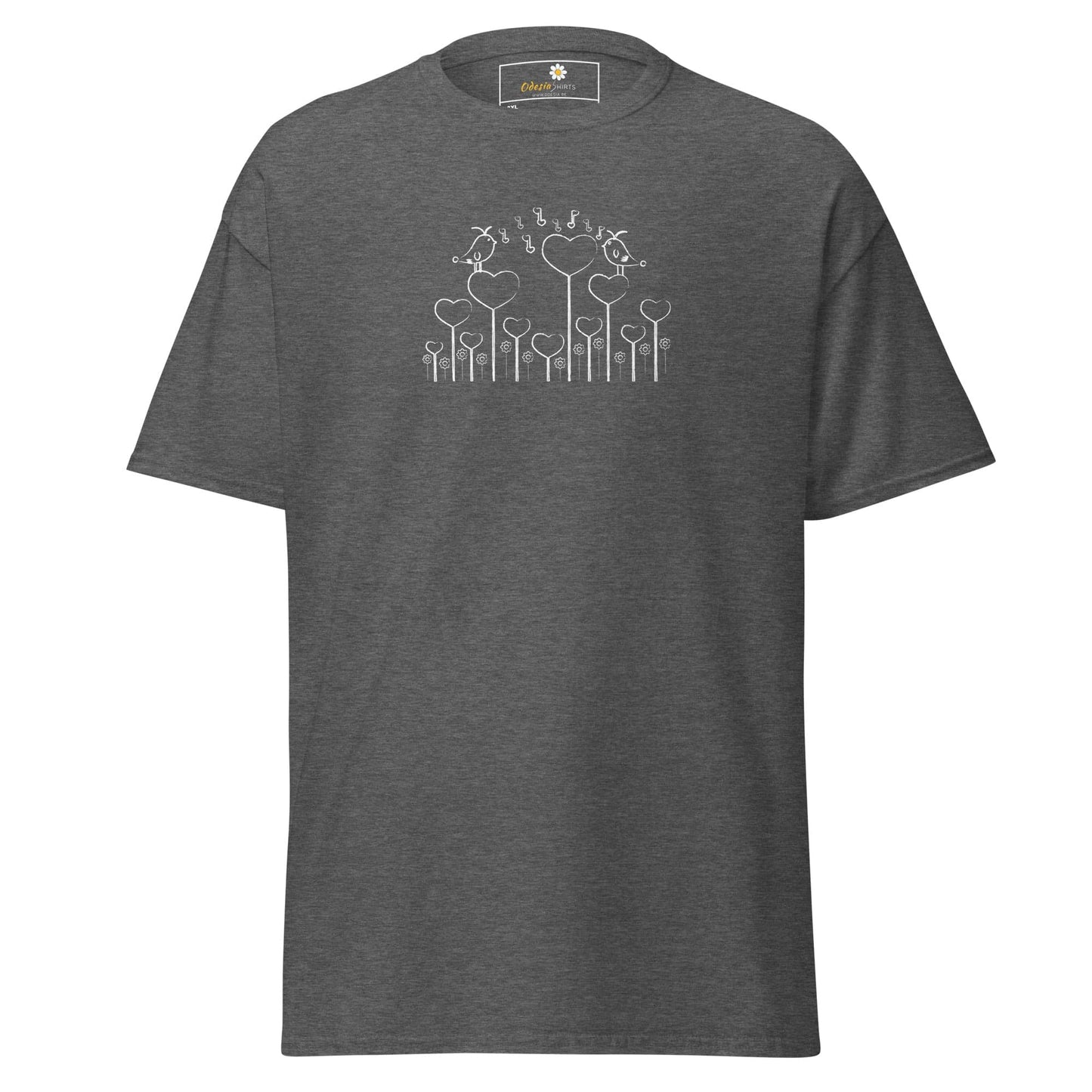 Gray T-shirt with heart and bird design for men and women in sizes 2XL to 5XL