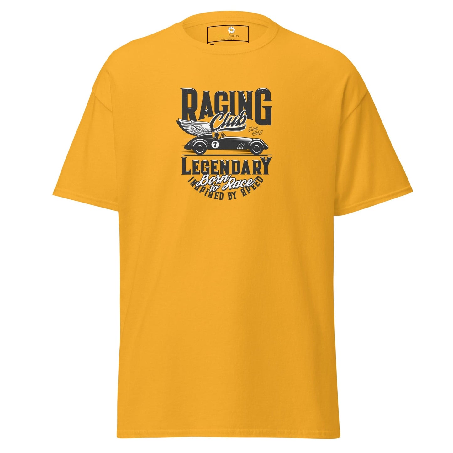 Yellow t-shirt with racing car graphic.