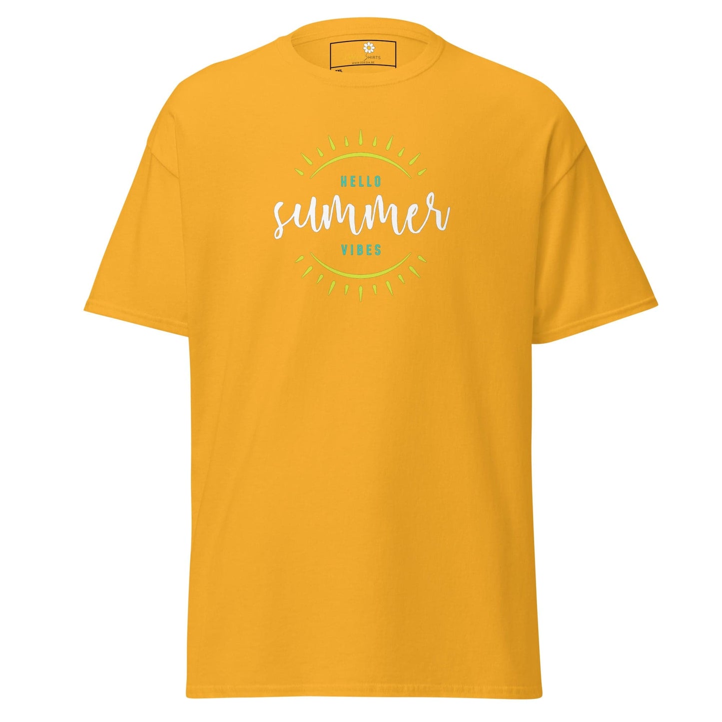 Yellow t-shirt with summer graphic.