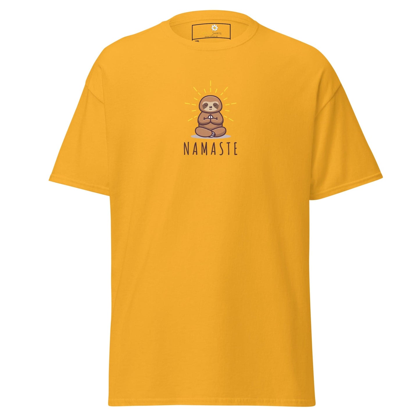 Yellow t-shirt with sloth design.