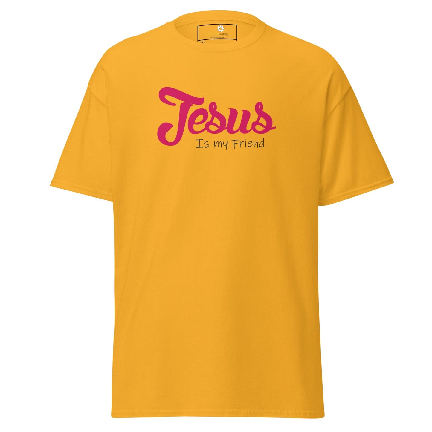 Yellow t-shirt with pink text.