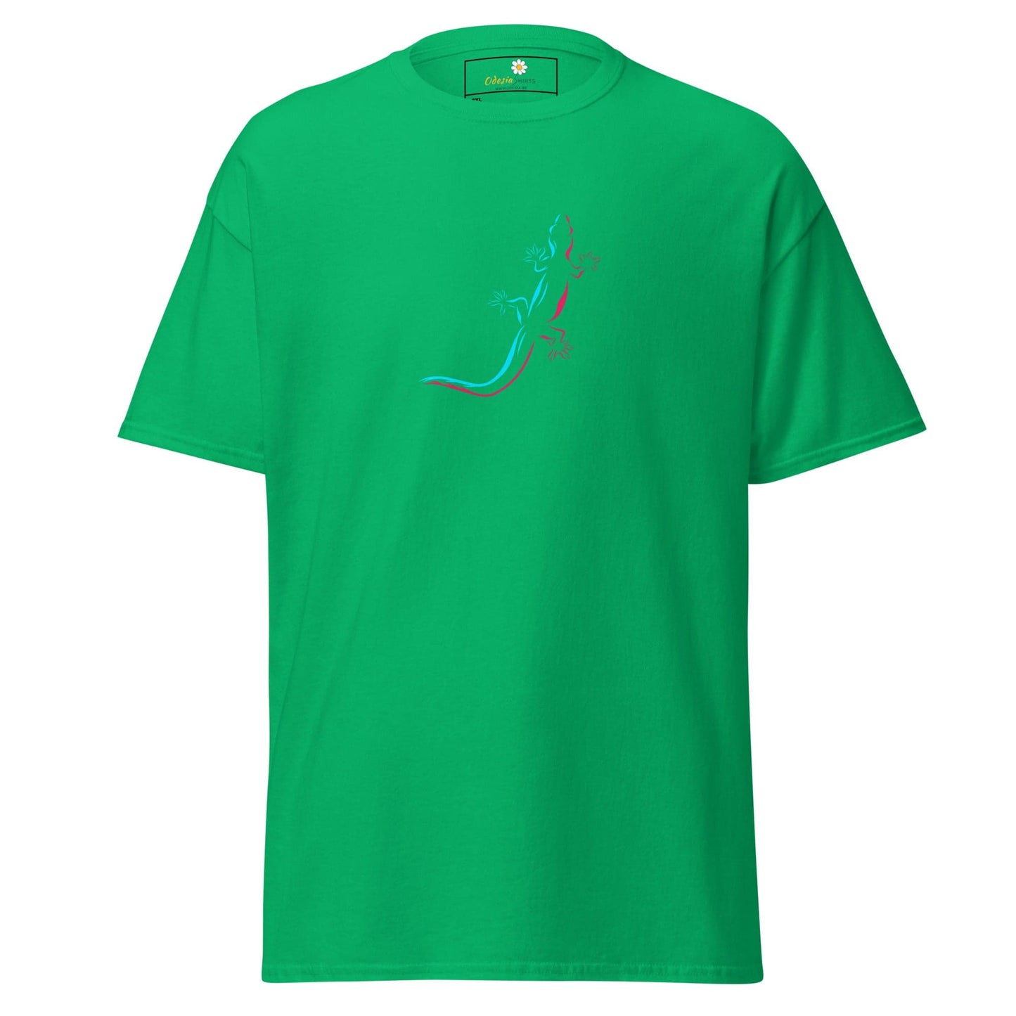 Green t-shirt with lizard design.