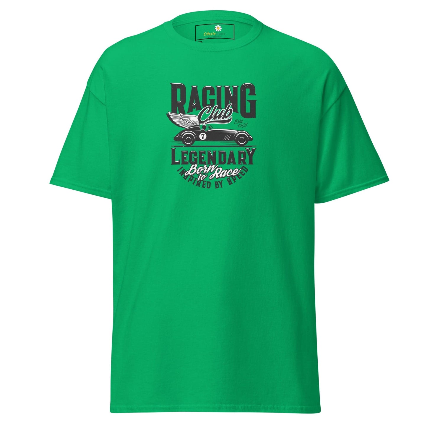 Green t-shirt with racing car graphic.