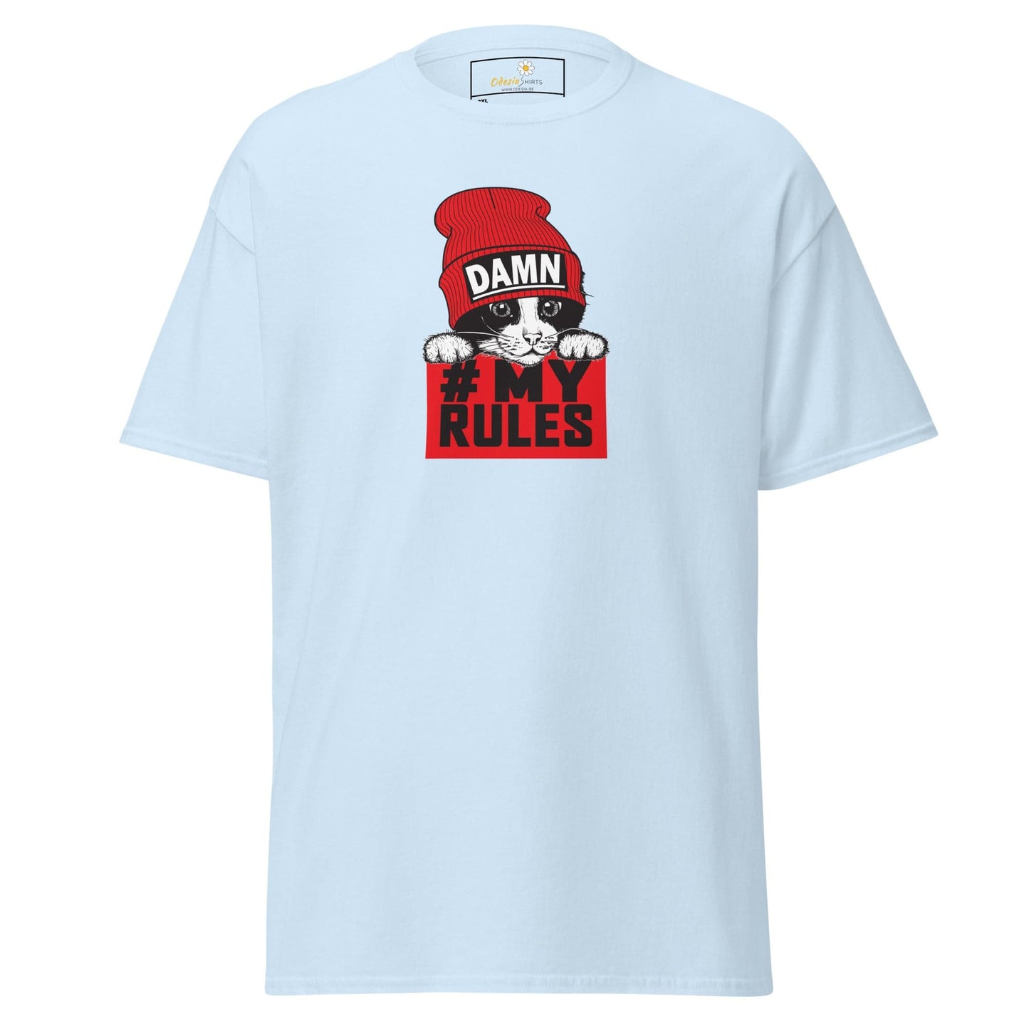 Light blue t-shirt with cat graphic.